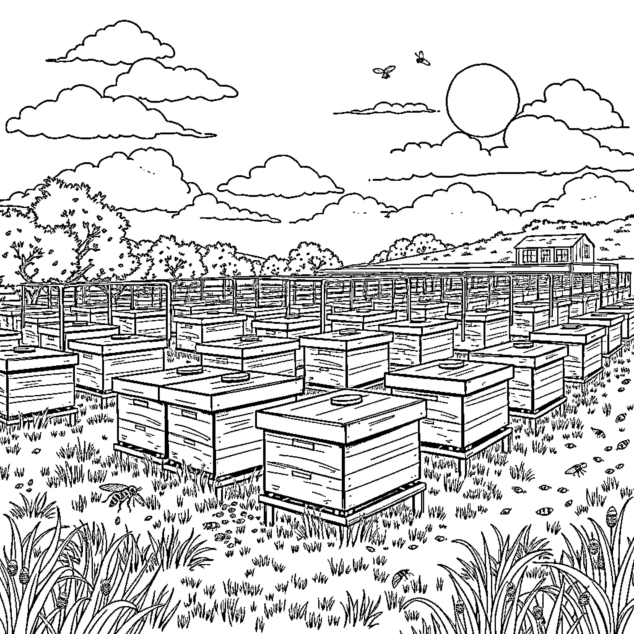 Hive of Busy Bees in the Countryside Coloring Page (free black-and-white line drawing printable PDF for all, from beginners to advanced learners, including children, teens, adults, and seniors)