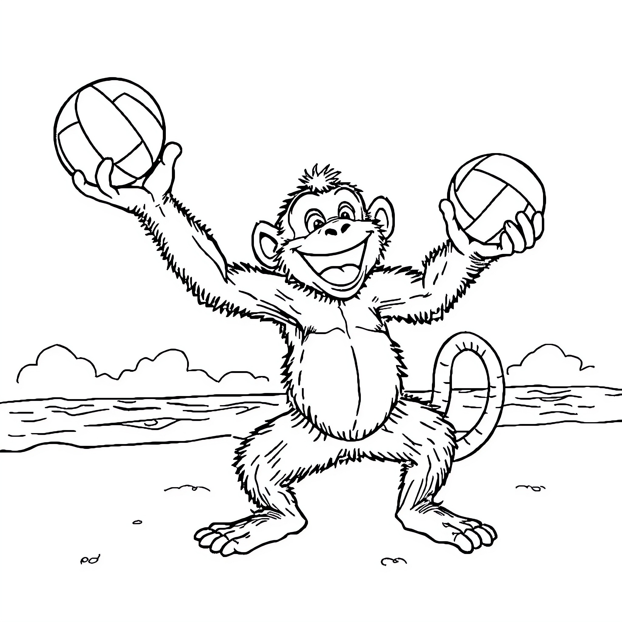 Monkey Playing Volleyball on the Beach Coloring Page (free black-and-white line drawing printable PDF for all, from beginners to advanced learners, including children, teens, adults, and seniors)