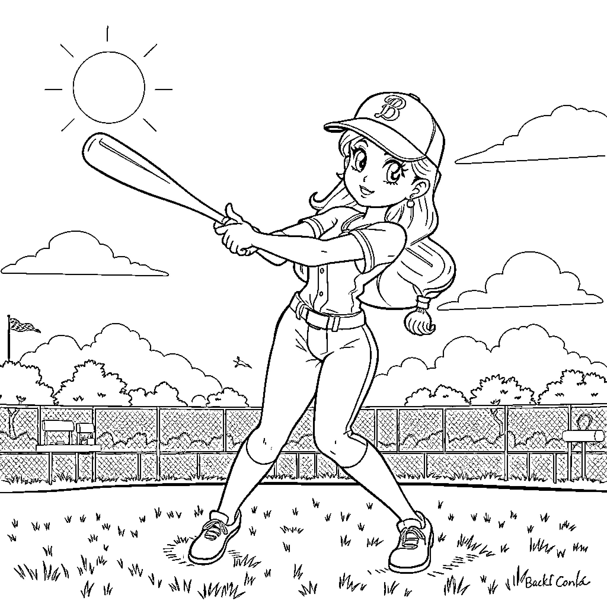 Belle playing baseball on the field Coloring Page (free black-and-white line drawing printable PDF for all, from beginners to advanced learners, including children, teens, adults, and seniors)