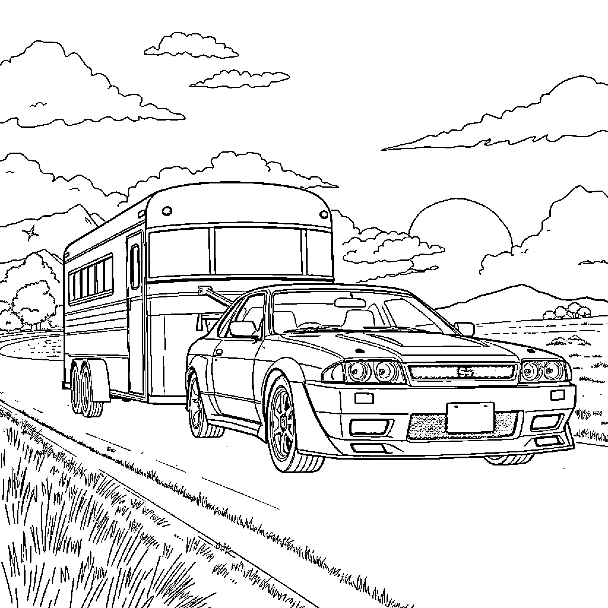 Nissan Skyline with bus on the country road Coloring Page (free black-and-white line drawing printable PDF for all, from beginners to advanced learners, including children, teens, adults, and seniors)