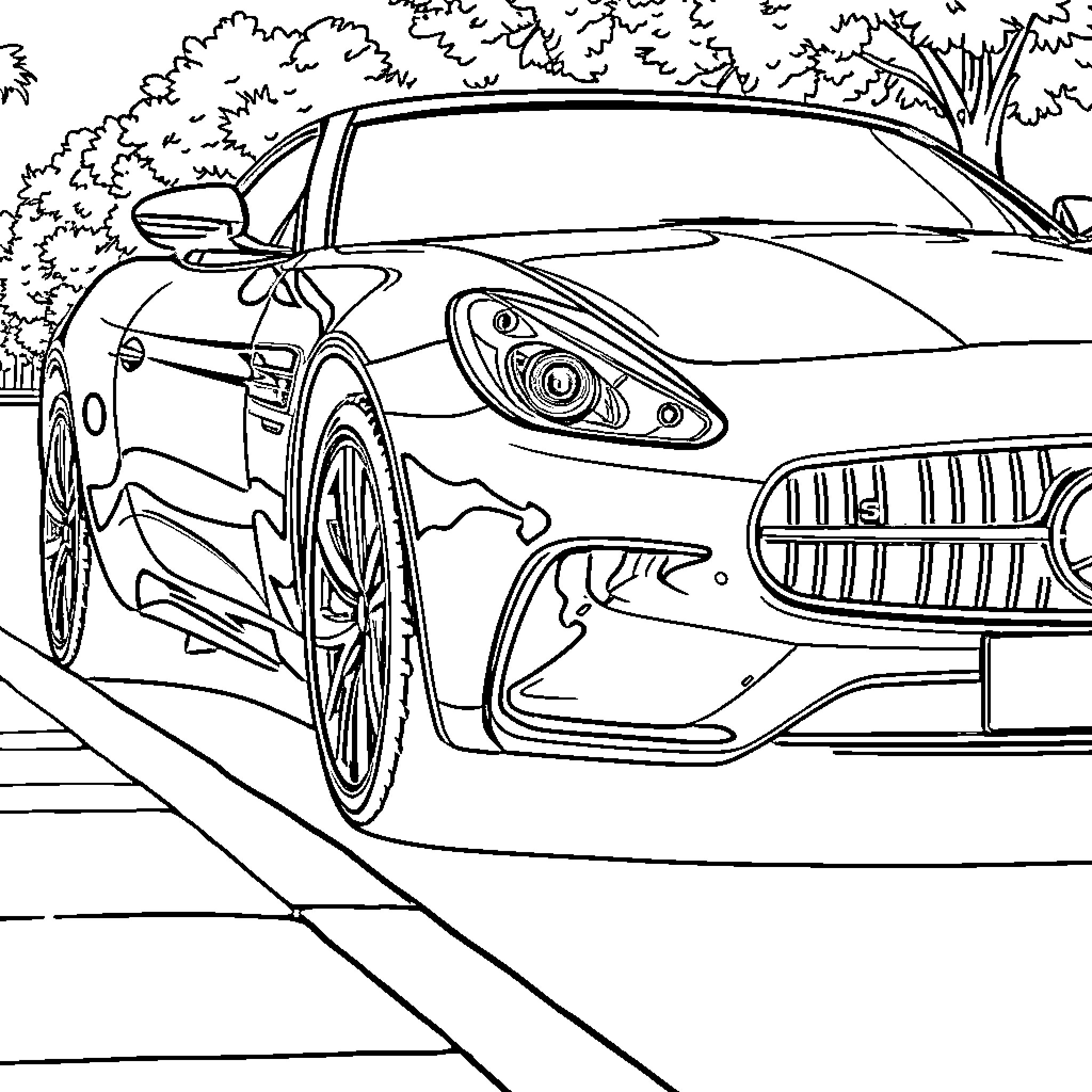 Car on a Scenic Road Coloring Page (free black-and-white line drawing printable PDF for all, from beginners to advanced learners, including children, teens, adults, and seniors)