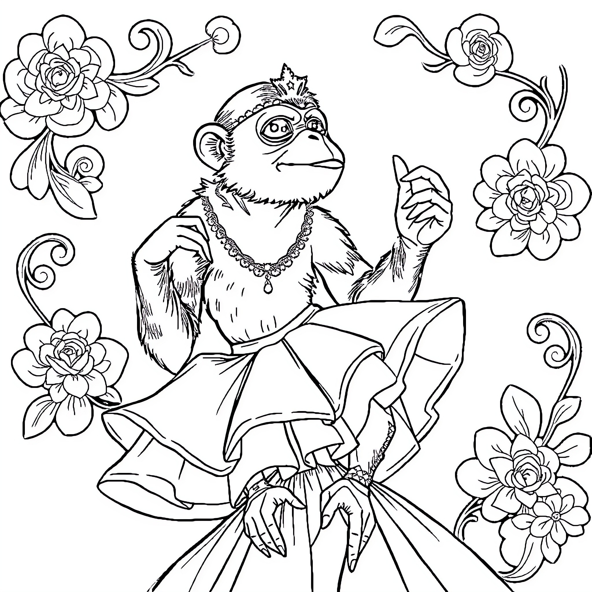 Ballerina primate dancing gracefully amidst floral patterns Coloring Page (free black-and-white line drawing printable PDF for all, from beginners to advanced learners, including children, teens, adults, and seniors)