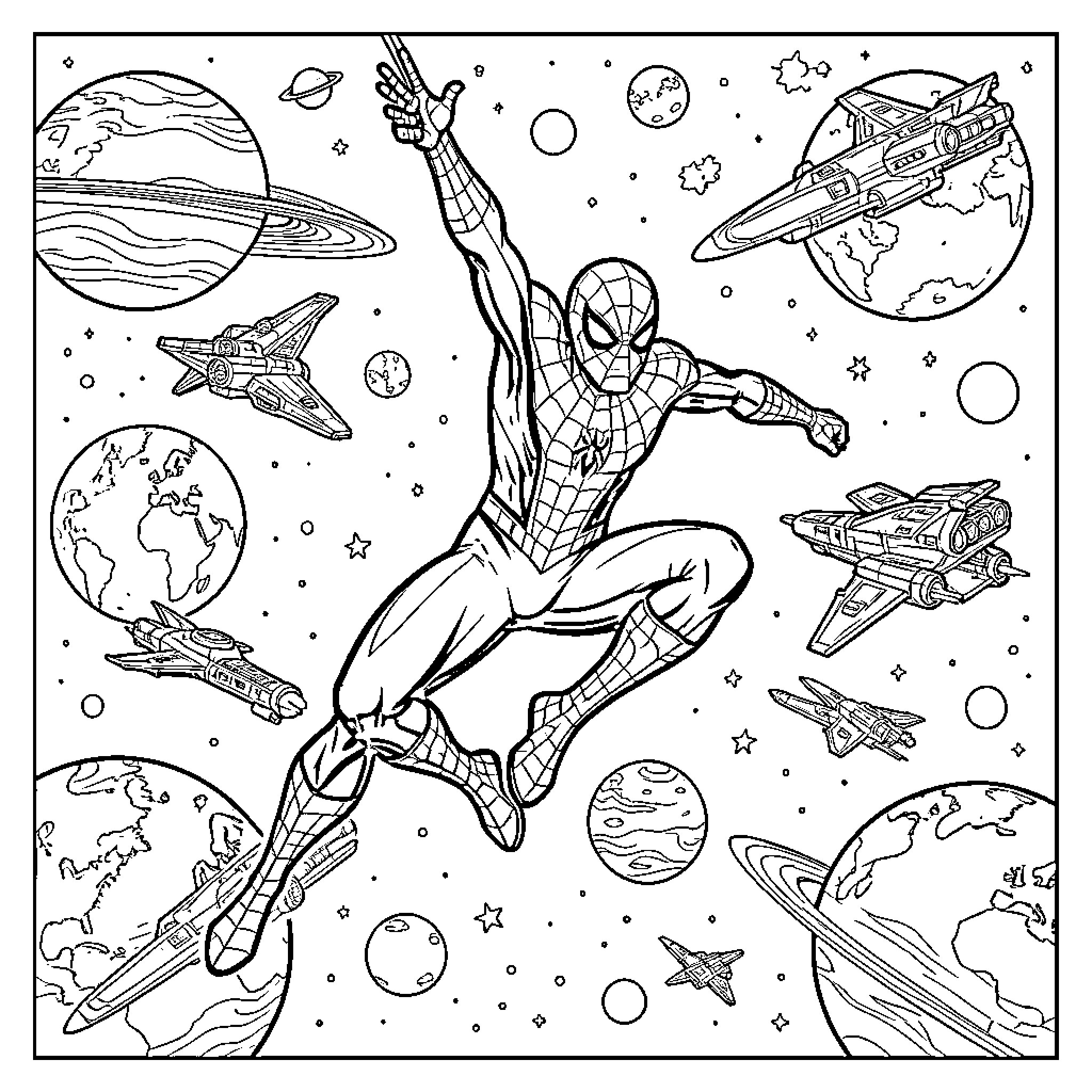 Spiderman's cosmic space adventure Coloring Page (free black-and-white line drawing printable PDF for all, from beginners to advanced learners, including children, teens, adults, and seniors)