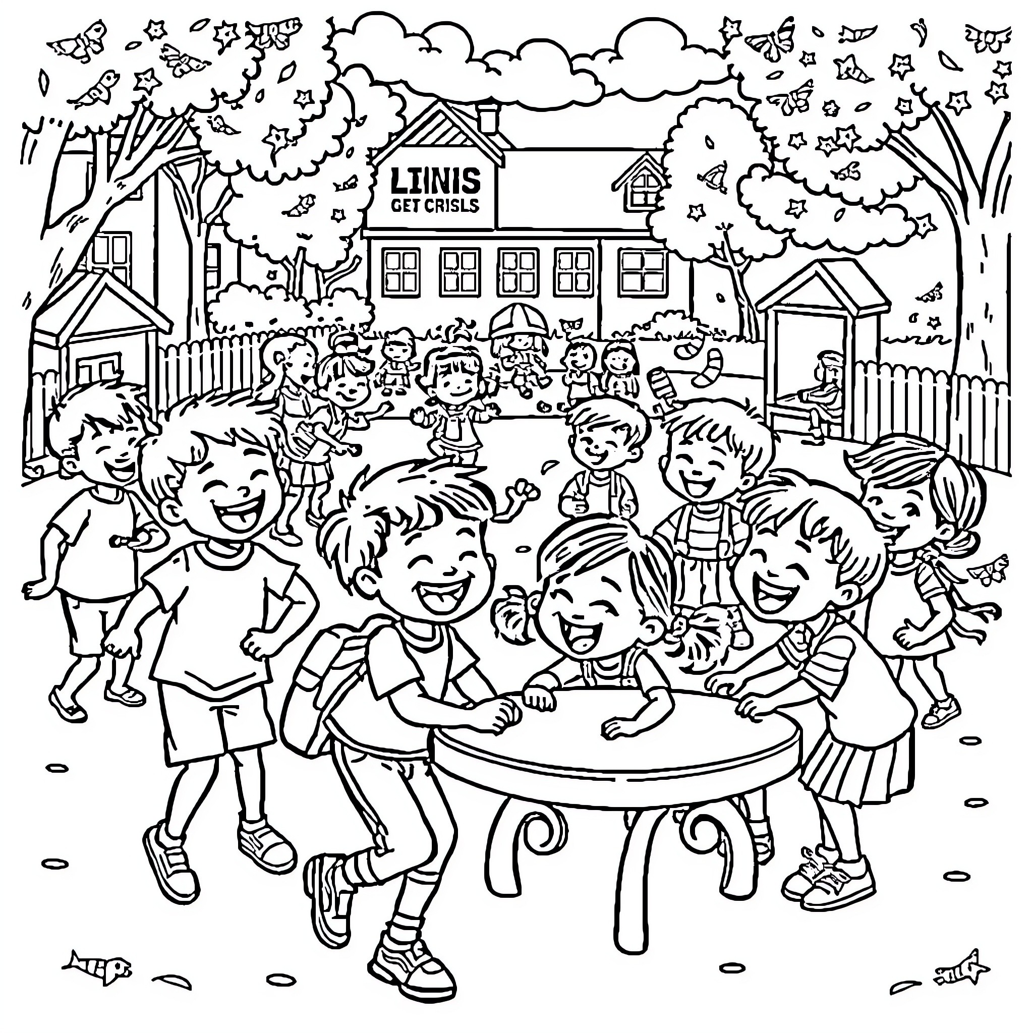 Child gathering friends for outdoor playtime Coloring Page (free black-and-white line drawing printable PDF for all, from beginners to advanced learners, including children, teens, adults, and seniors)
