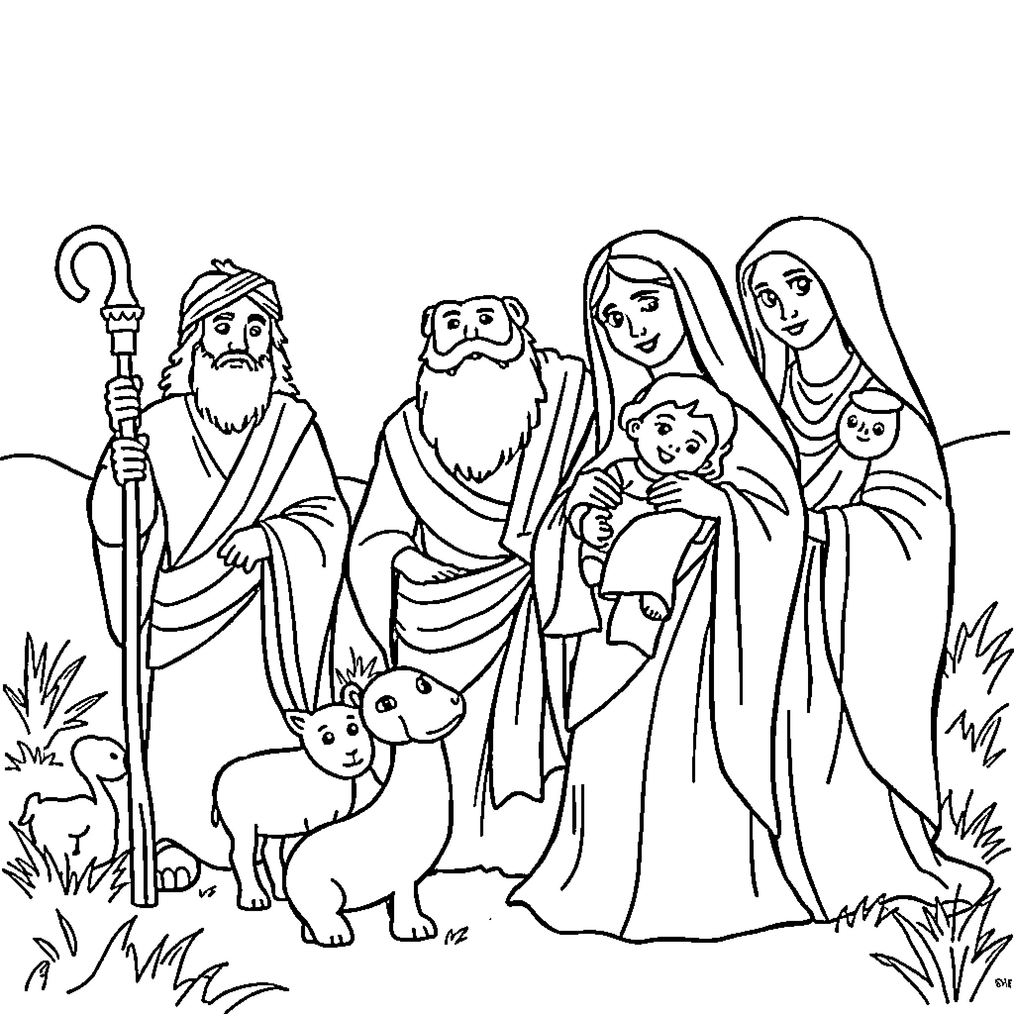Bible Character Praying Family with Animals Coloring Page (free black-and-white line drawing printable PDF for all, from beginners to advanced learners, including children, teens, adults, and seniors)