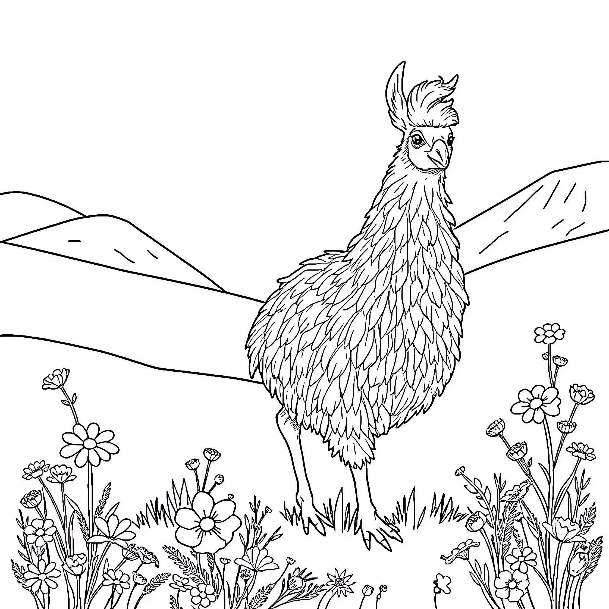 Angora fowl standing amidst vibrant wildflowers Coloring Page (free black-and-white line drawing printable PDF for all, from beginners to advanced learners, including children, teens, adults, and seniors)