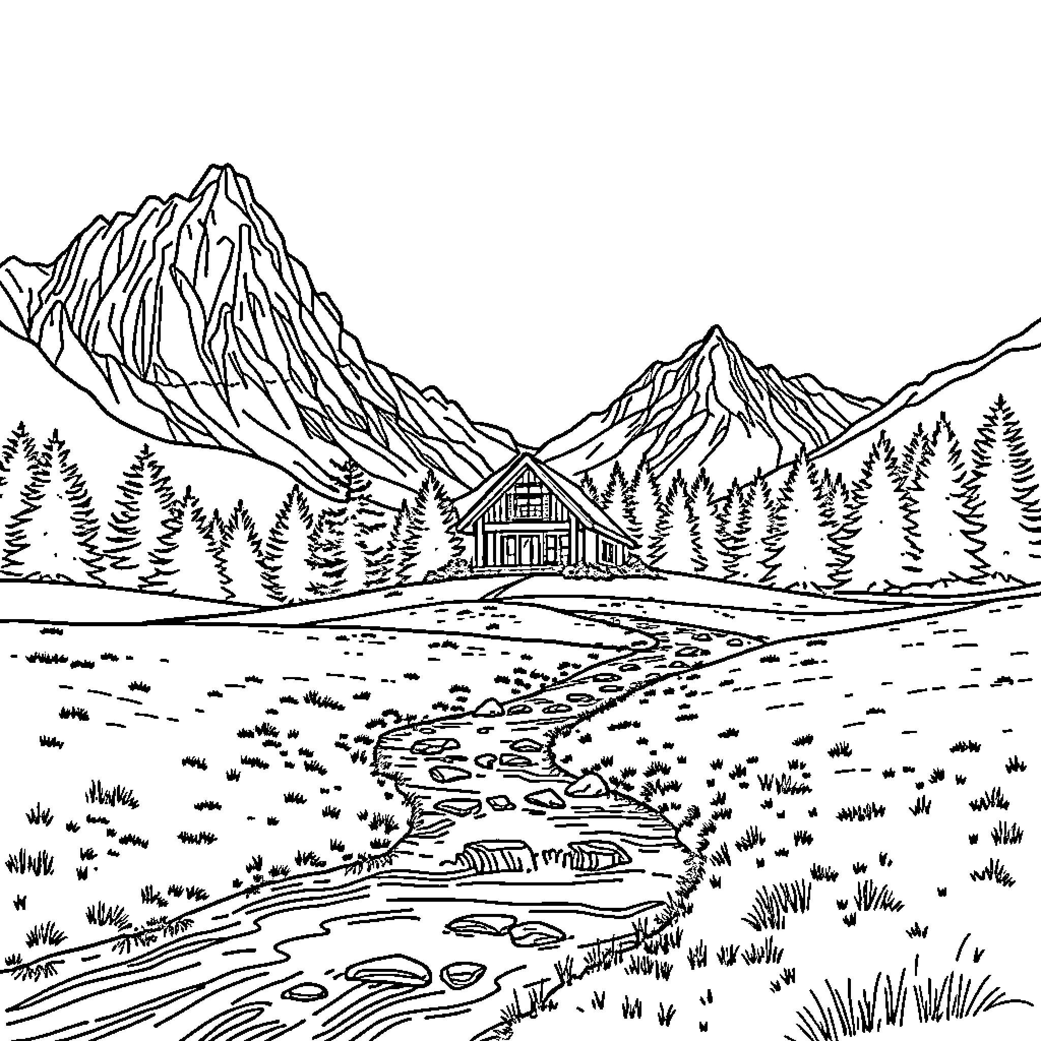 House nestled in the serene mountain landscape Coloring Page (free black-and-white line drawing printable PDF for all, from beginners to advanced learners, including children, teens, adults, and seniors)