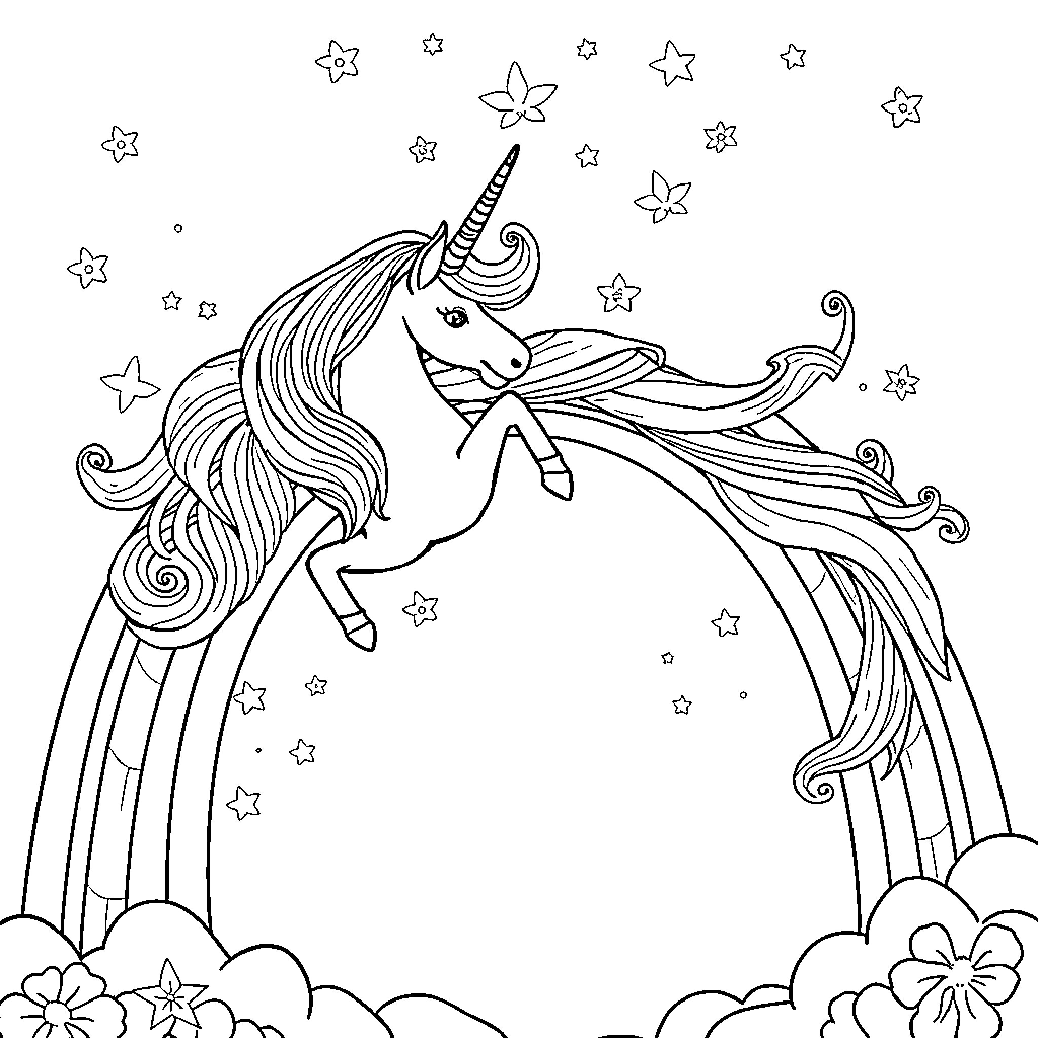 Unicorn dancing among the stars and flowers Coloring Page (free black-and-white line drawing printable PDF for all, from beginners to advanced learners, including children, teens, adults, and seniors)