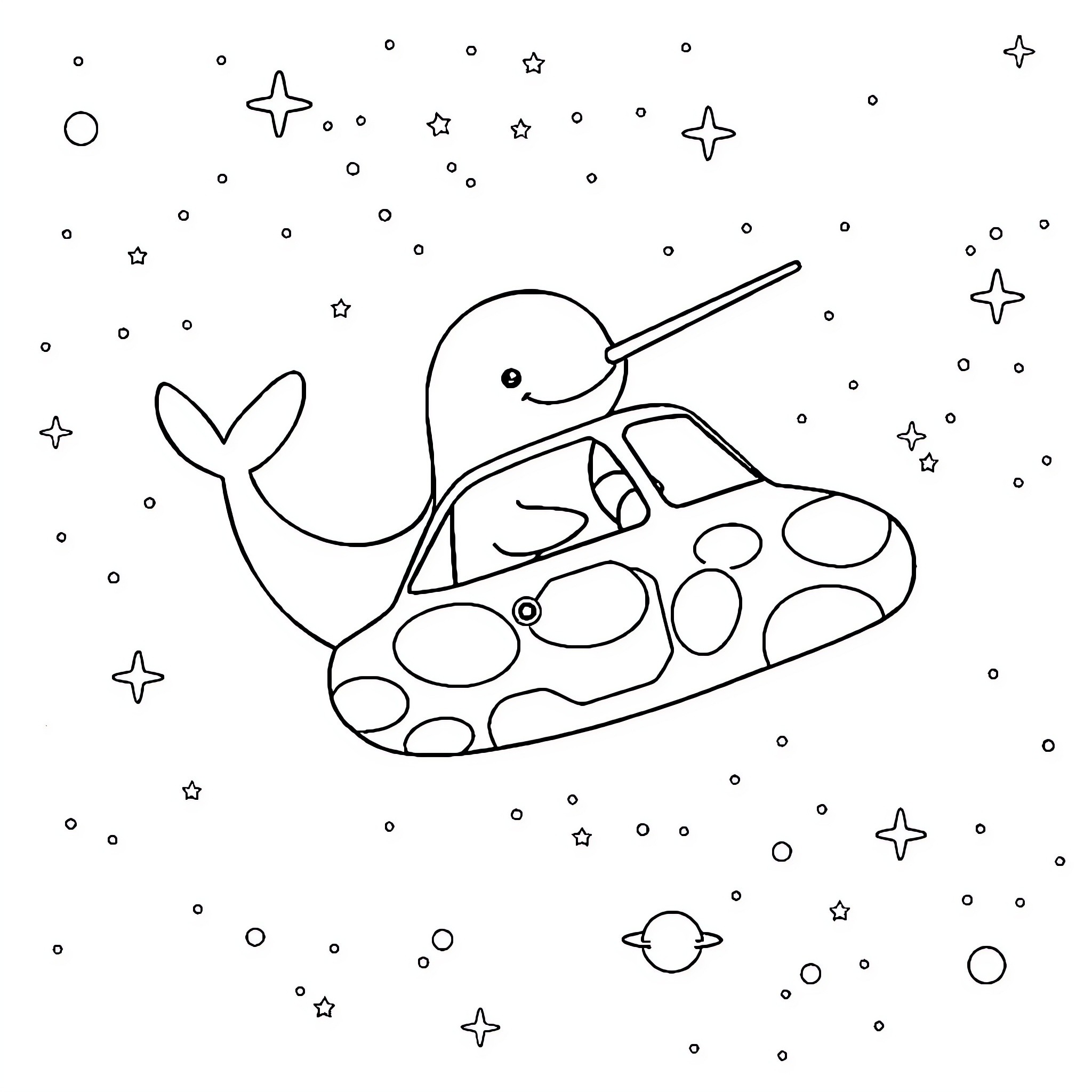 Narwhal floating in a starry space ship Coloring Page (free black-and-white line drawing printable PDF for all, from beginners to advanced learners, including children, teens, adults, and seniors)
