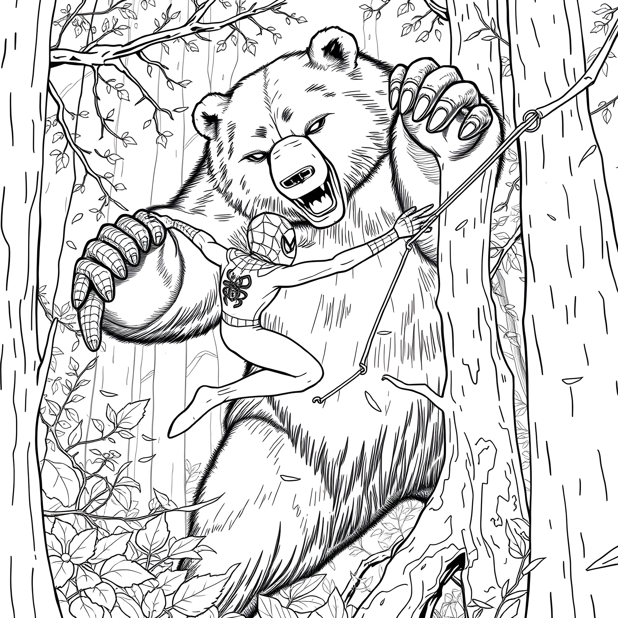 Spider-Man Battling a Ferocious Bear in the Forest Coloring Page (free black-and-white line drawing printable PDF for all, from beginners to advanced learners, including children, teens, adults, and seniors)