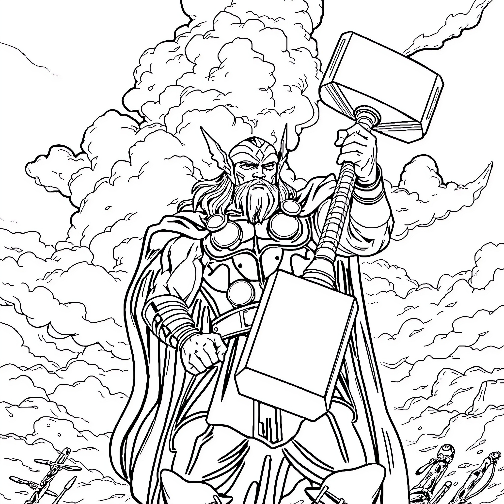 Thor Wielding Mighty Hammer in Epic Battle Coloring Page (free black-and-white line drawing printable PDF for all, from beginners to advanced learners, including children, teens, adults, and seniors)