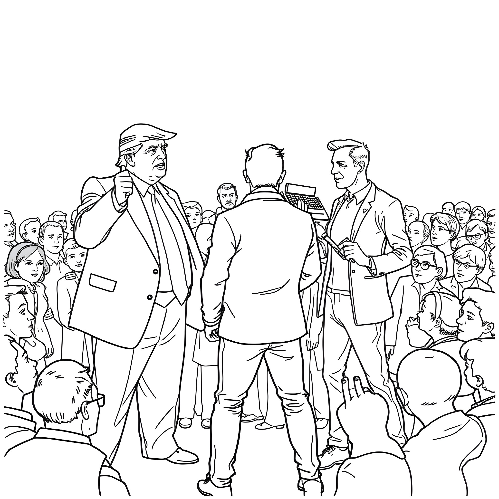 Donald Trump Addressing a Crowd of Supporters Coloring Page (free black-and-white line drawing printable PDF for all, from beginners to advanced learners, including children, teens, adults, and seniors)
