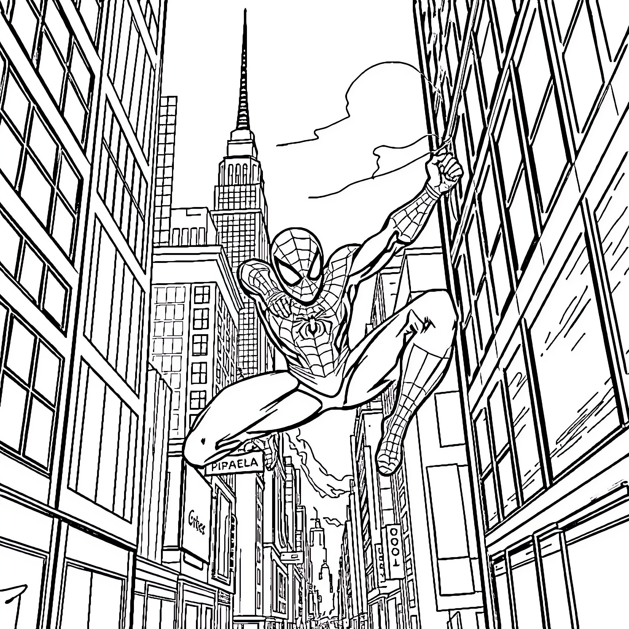 Spiderman swinging through the city streets Coloring Page (free black-and-white line drawing printable PDF for all, from beginners to advanced learners, including children, teens, adults, and seniors)