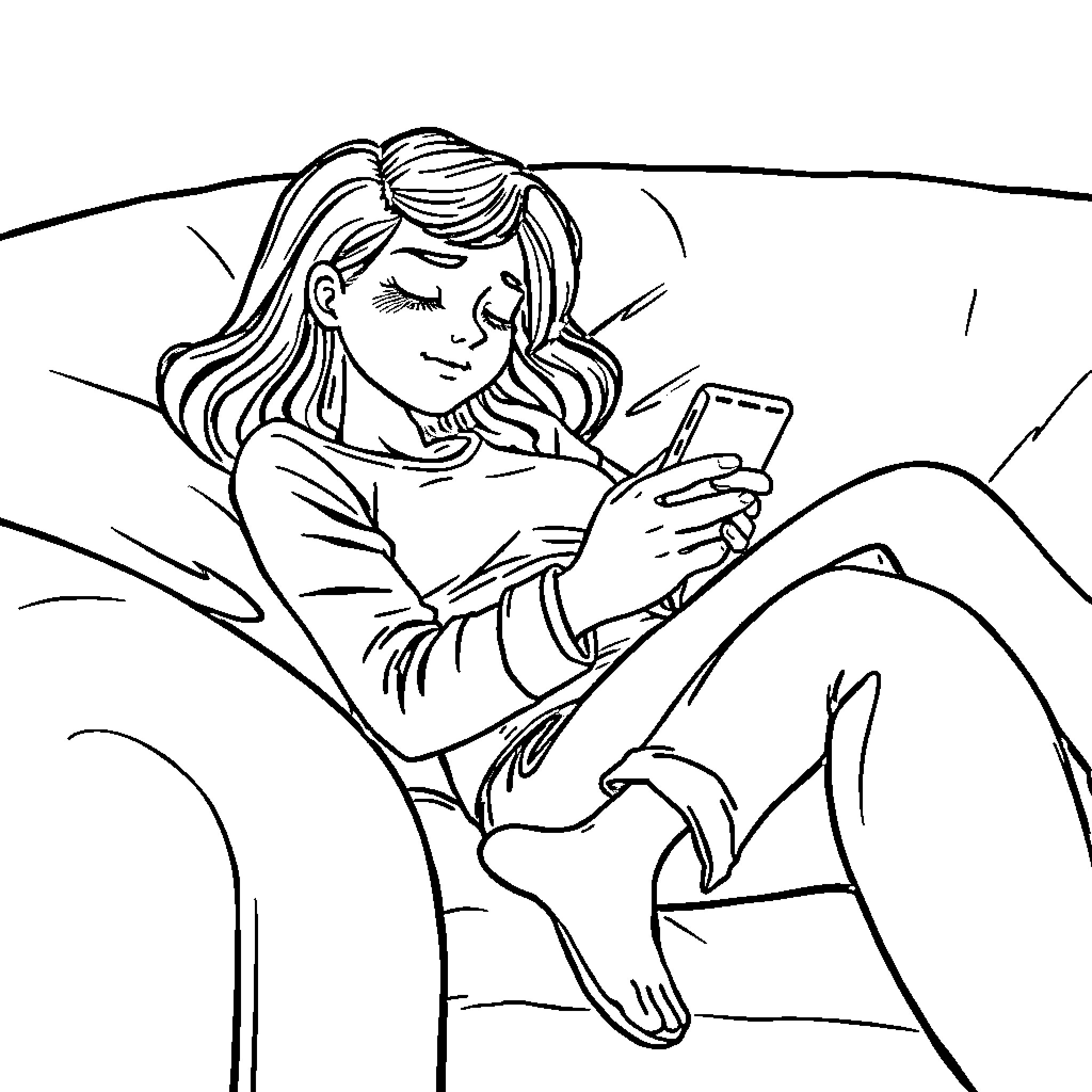 Girl relaxing and using mobile device Coloring Page (free black-and-white line drawing printable PDF for all, from beginners to advanced learners, including children, teens, adults, and seniors)