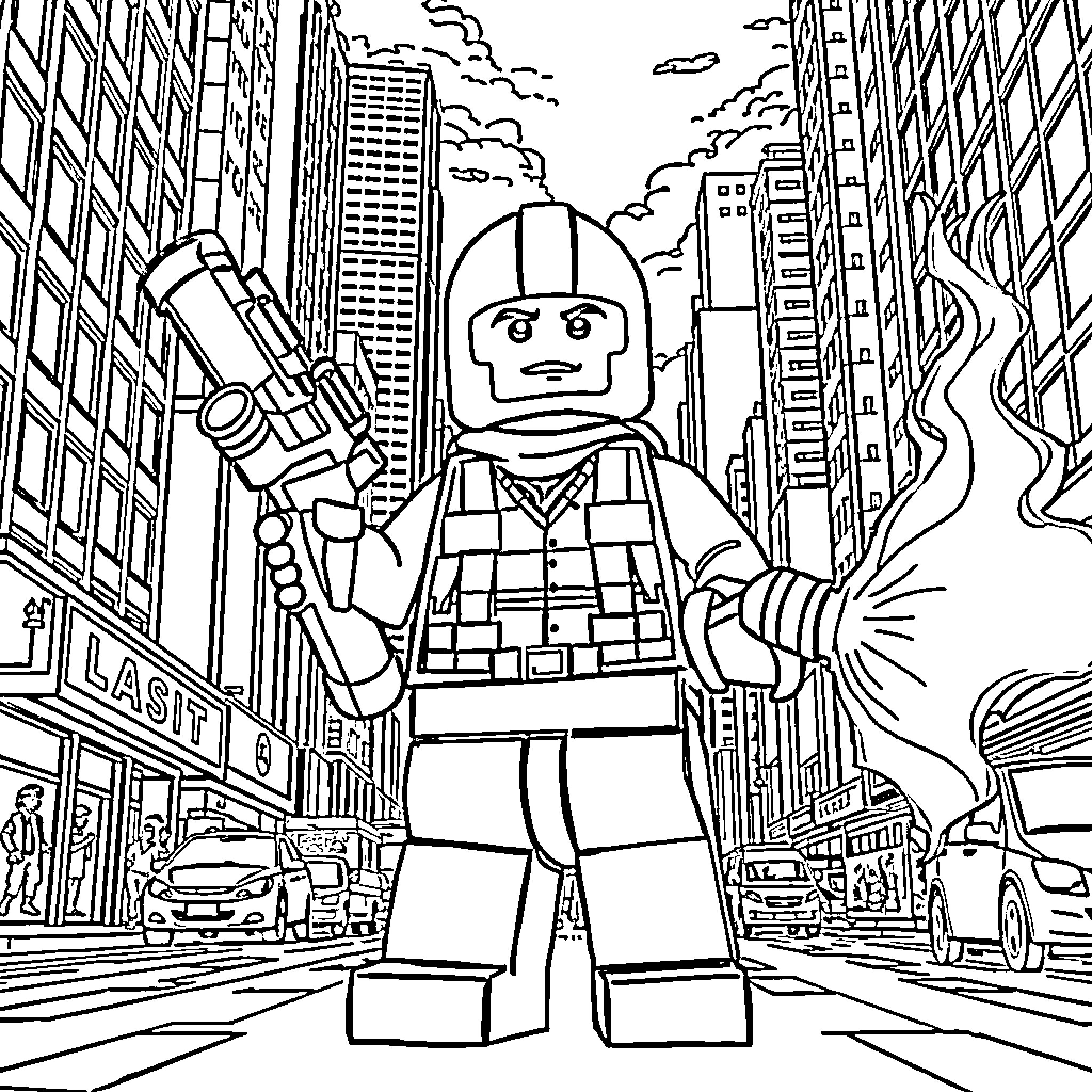 Lego Man on a City Adventure Coloring Page (free black-and-white line drawing printable PDF for all, from beginners to advanced learners, including children, teens, adults, and seniors)