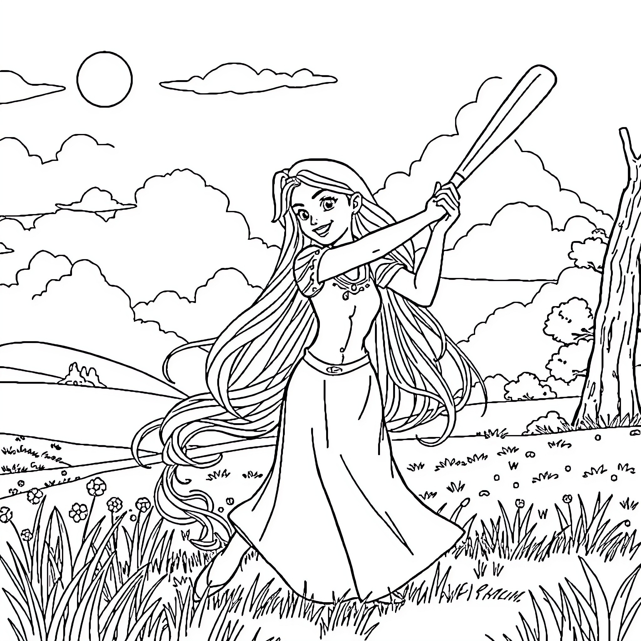 Rapunzel enjoying outdoor adventure with long flowing hair Coloring Page (free black-and-white line drawing printable PDF for all, from beginners to advanced learners, including children, teens, adults, and seniors)