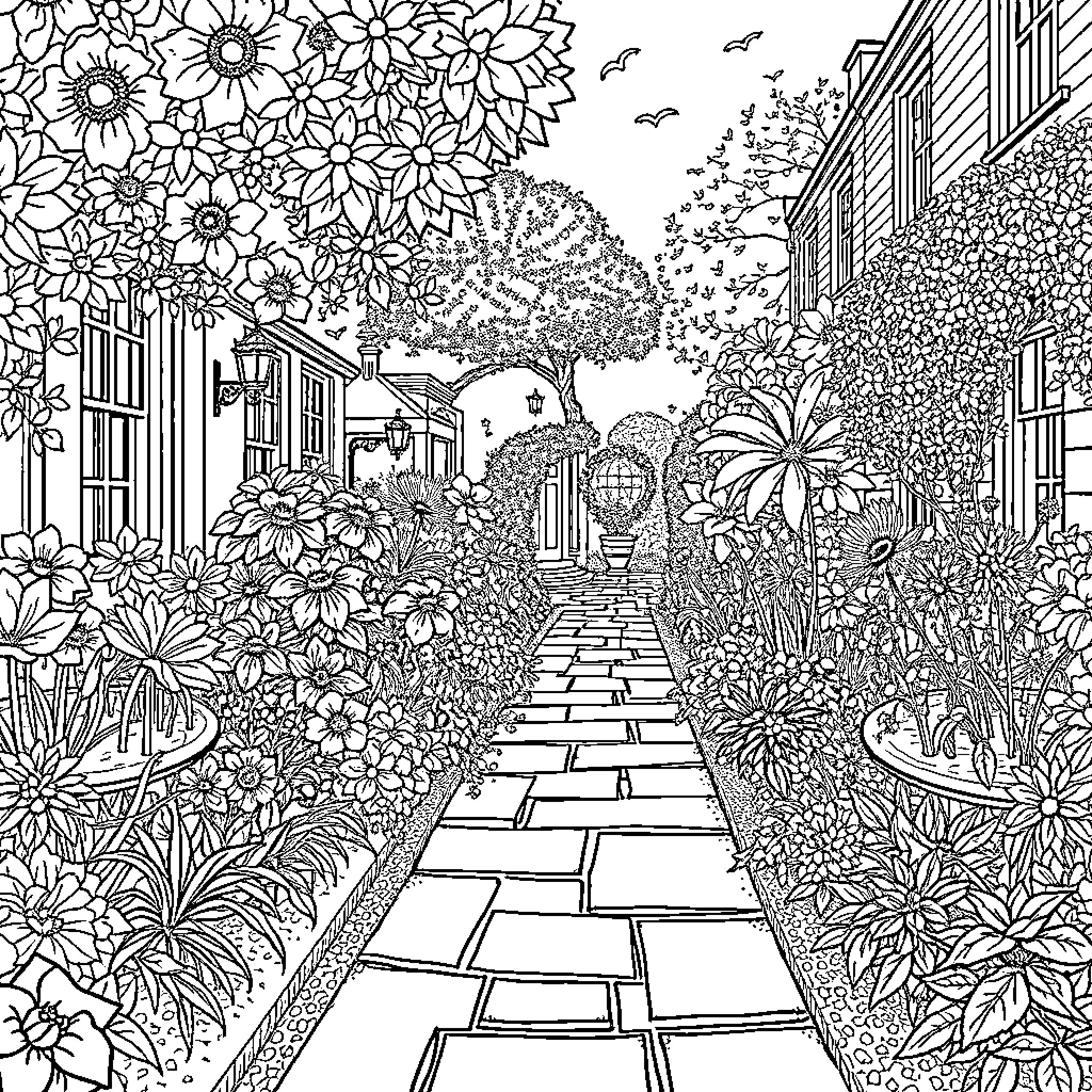 Paddington's Peaceful Garden Retreat Coloring Page (free black-and-white line drawing printable PDF for all, from beginners to advanced learners, including children, teens, adults, and seniors)