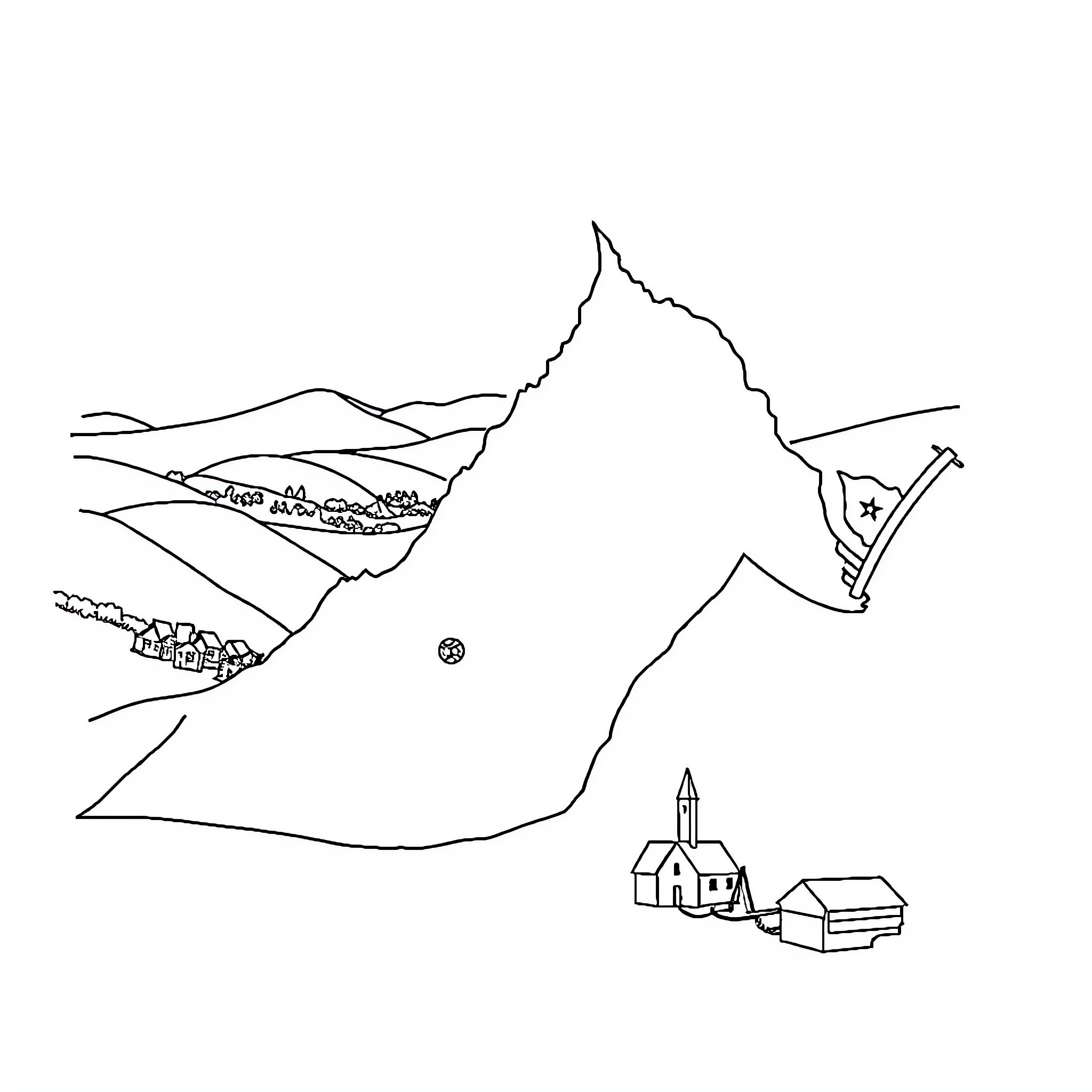 Virginia landscape featuring mountains and a small village Coloring Page (free black-and-white line drawing printable PDF for all, from beginners to advanced learners, including children, teens, adults, and seniors)