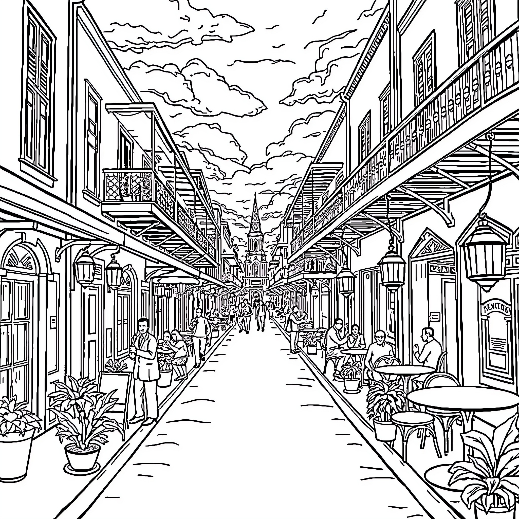 New Orleans Bustling Street Scene with Outdoor Cafes Coloring Page (free black-and-white line drawing printable PDF for all, from beginners to advanced learners, including children, teens, adults, and seniors)