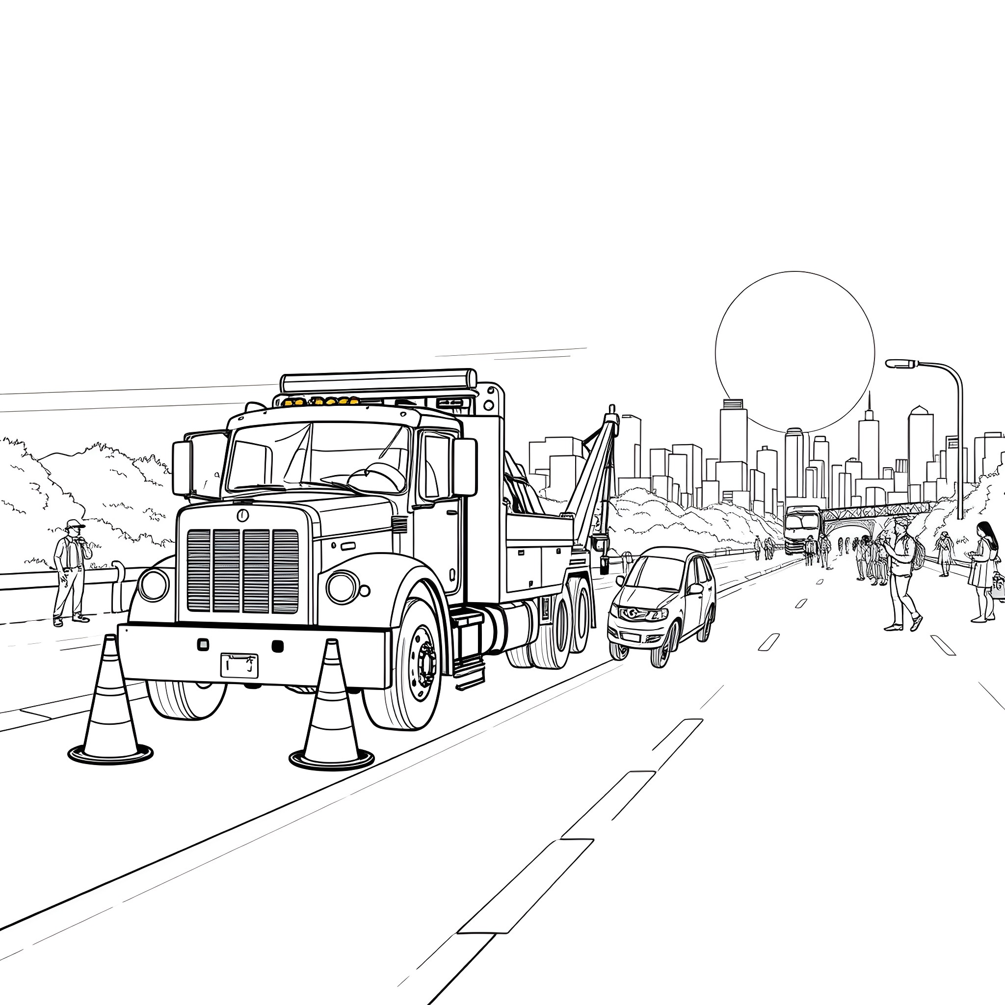 Tow Truck Assisting Stranded Vehicle on City Street Coloring Page (free black-and-white line drawing printable PDF for all, from beginners to advanced learners, including children, teens, adults, and seniors)
