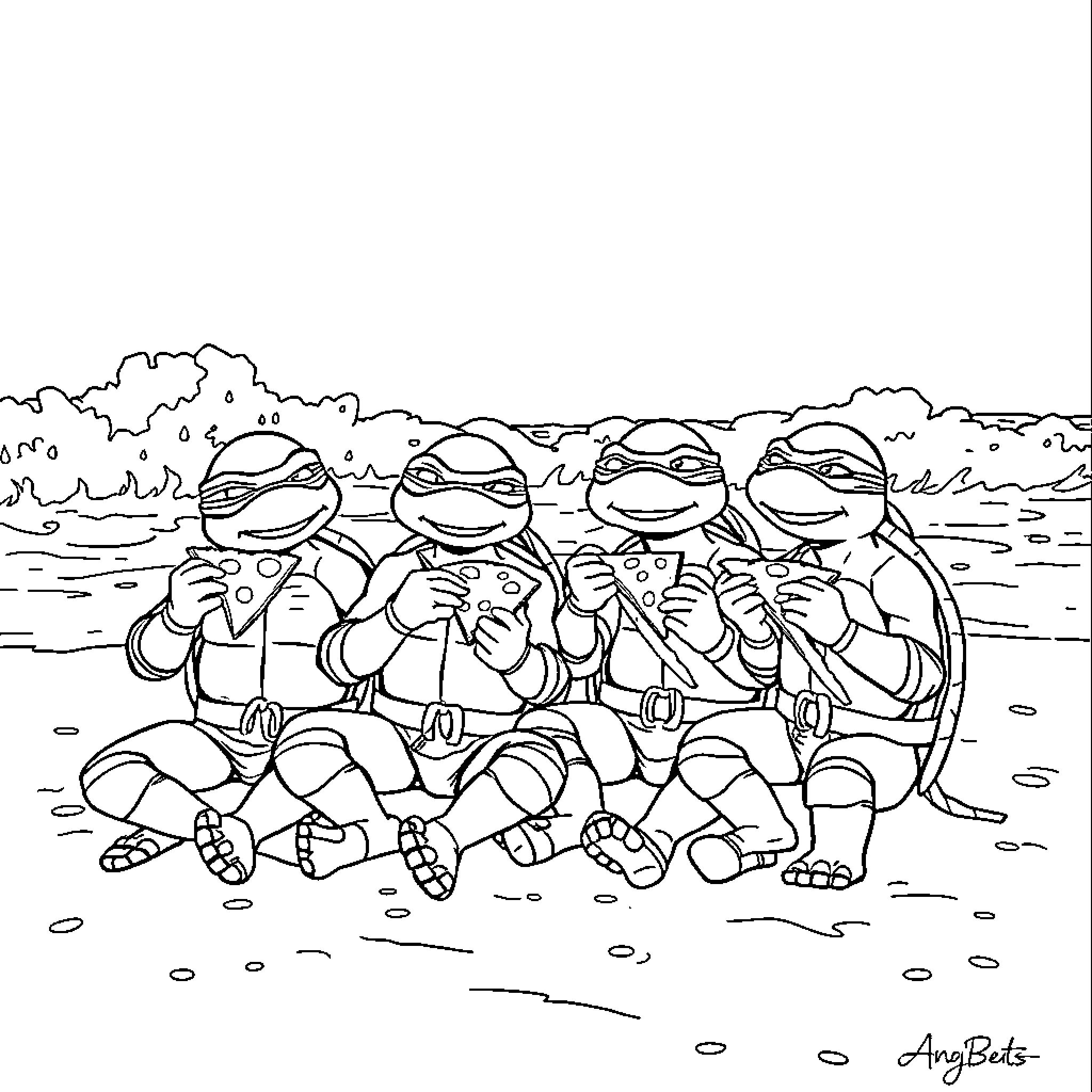 Ninja Turtles relaxing on the beach Coloring Page (free black-and-white line drawing printable PDF for all, from beginners to advanced learners, including children, teens, adults, and seniors)