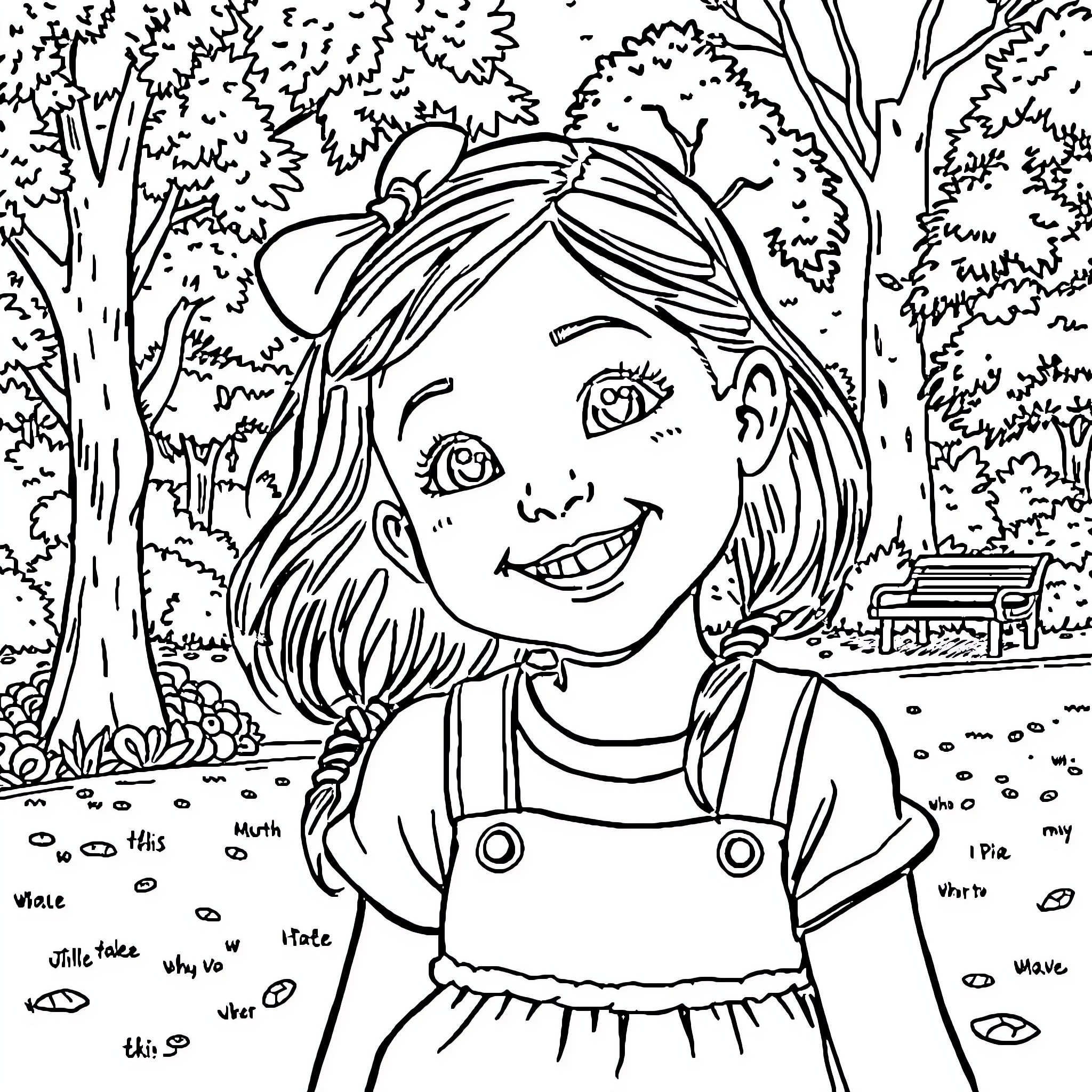 Girl explores the whimsical forest outdoors Coloring Page (free black-and-white line drawing printable PDF for all, from beginners to advanced learners, including children, teens, adults, and seniors)