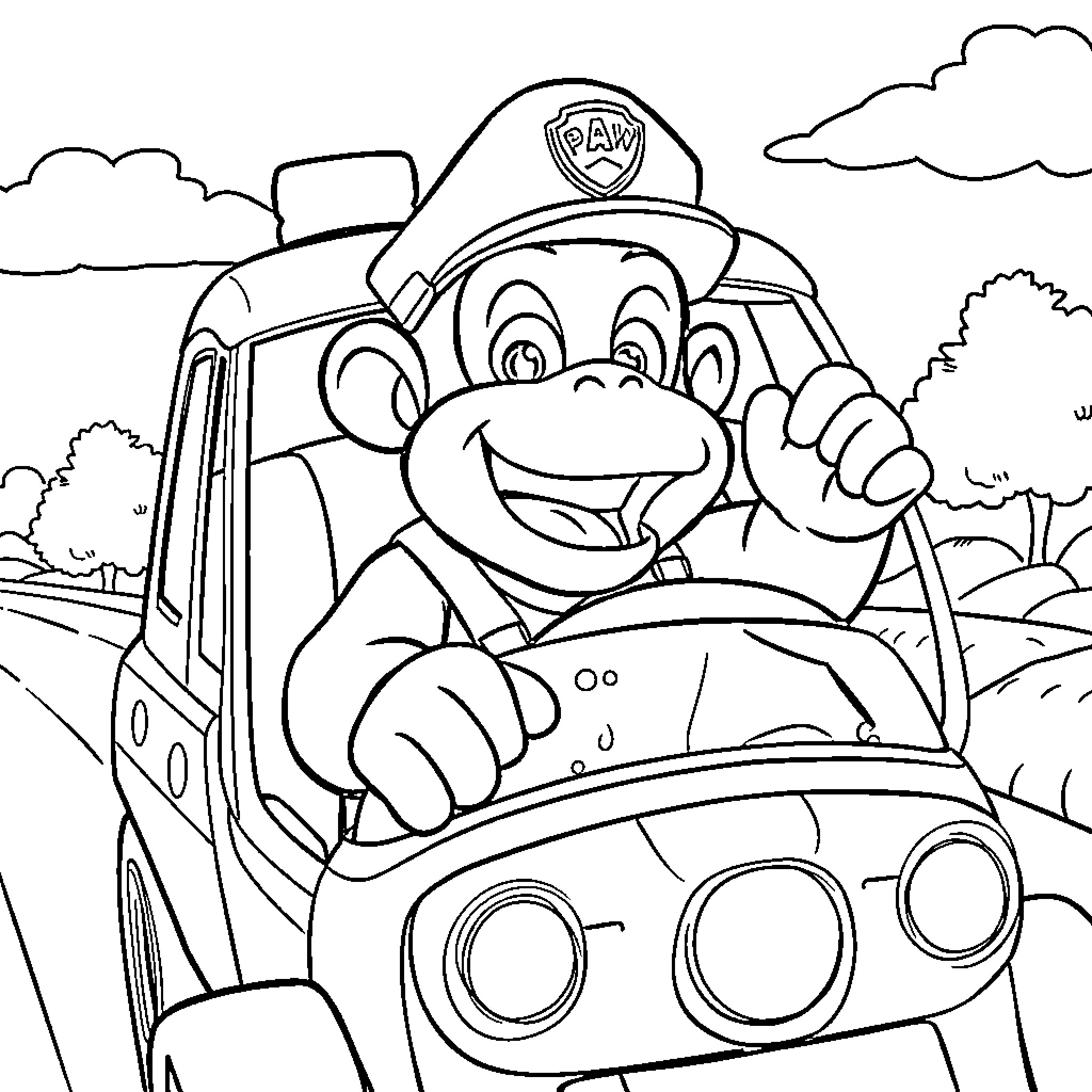 Donkey Kong driving a patrol vehicle in the countryside Coloring Page (free black-and-white line drawing printable PDF for all, from beginners to advanced learners, including children, teens, adults, and seniors)
