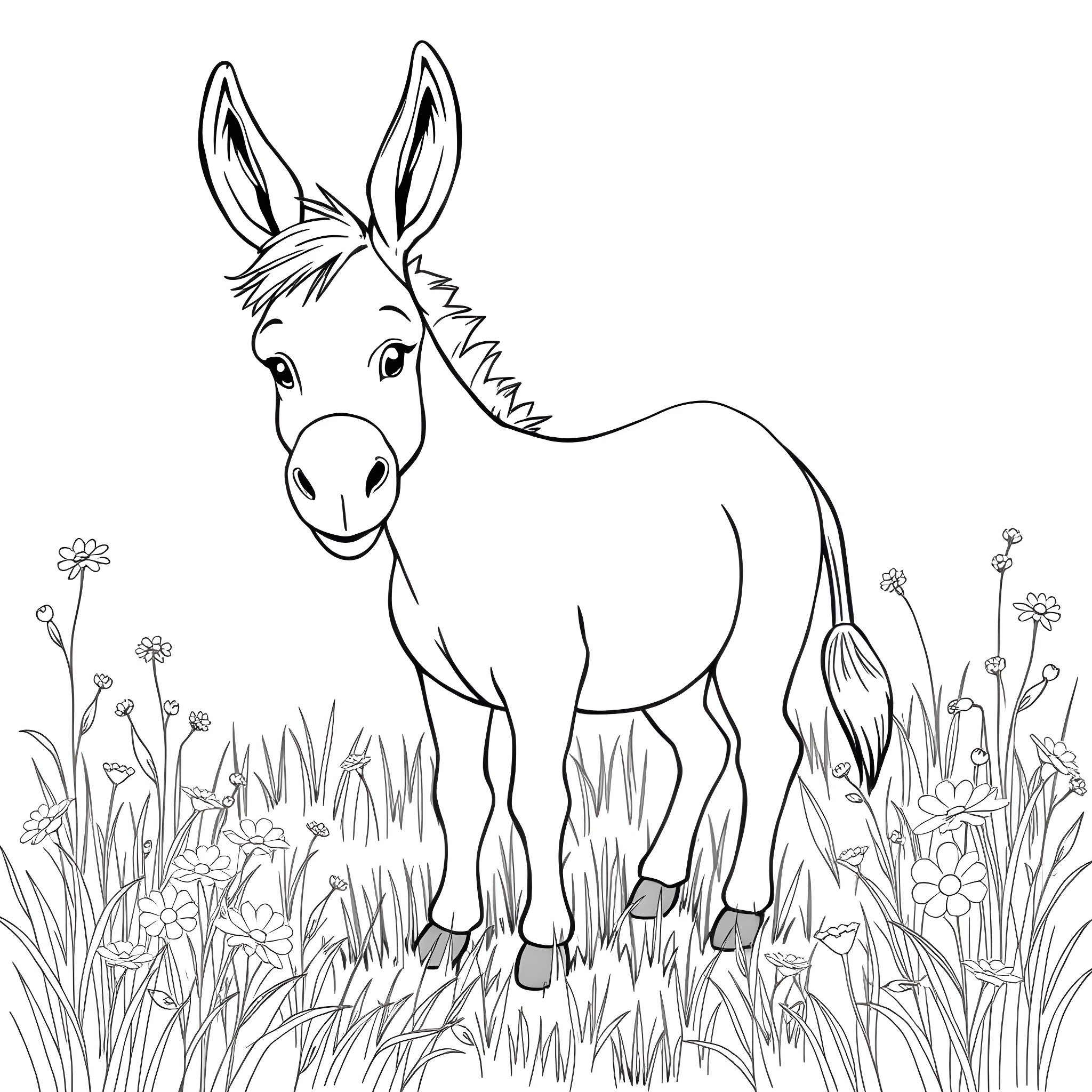 Ass Standing Proudly in the Meadow Coloring Page (free black-and-white line drawing printable PDF for all, from beginners to advanced learners, including children, teens, adults, and seniors)
