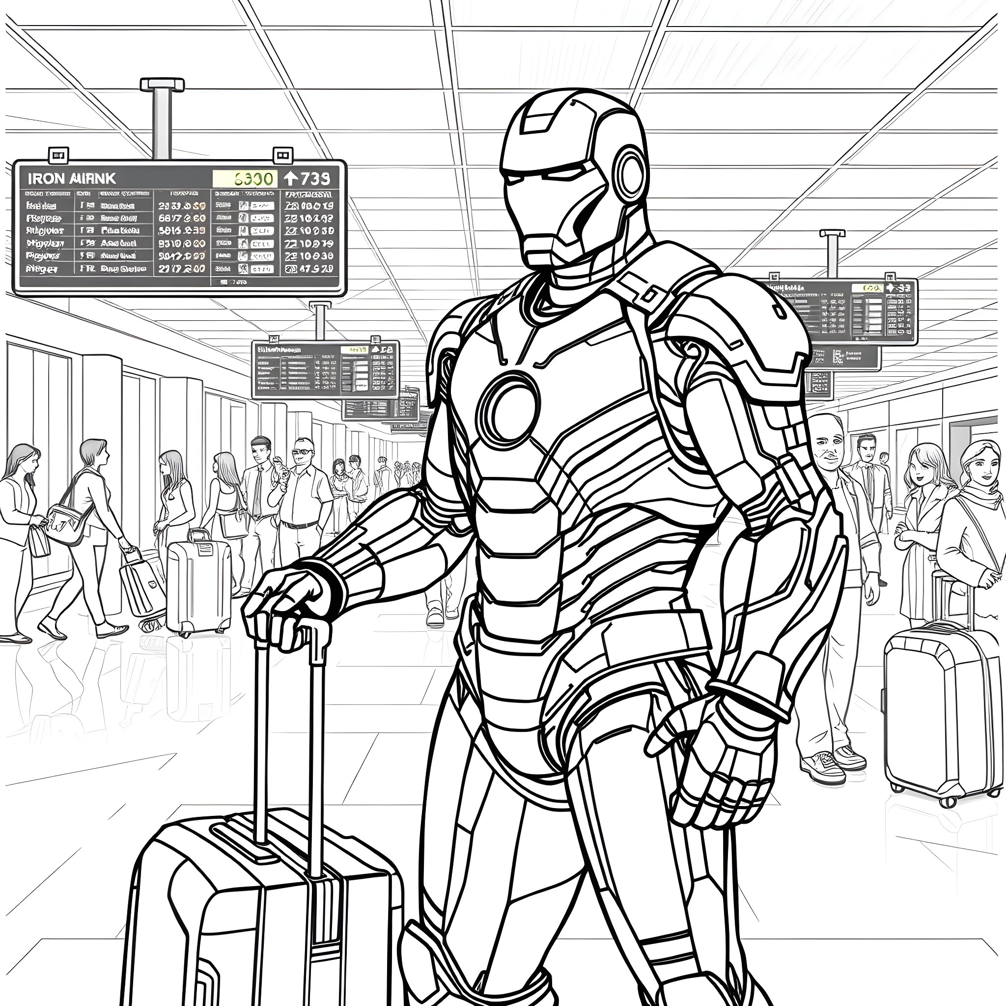 Iron Man navigating through a busy airport terminal Coloring Page (free black-and-white line drawing printable PDF for all, from beginners to advanced learners, including children, teens, adults, and seniors)