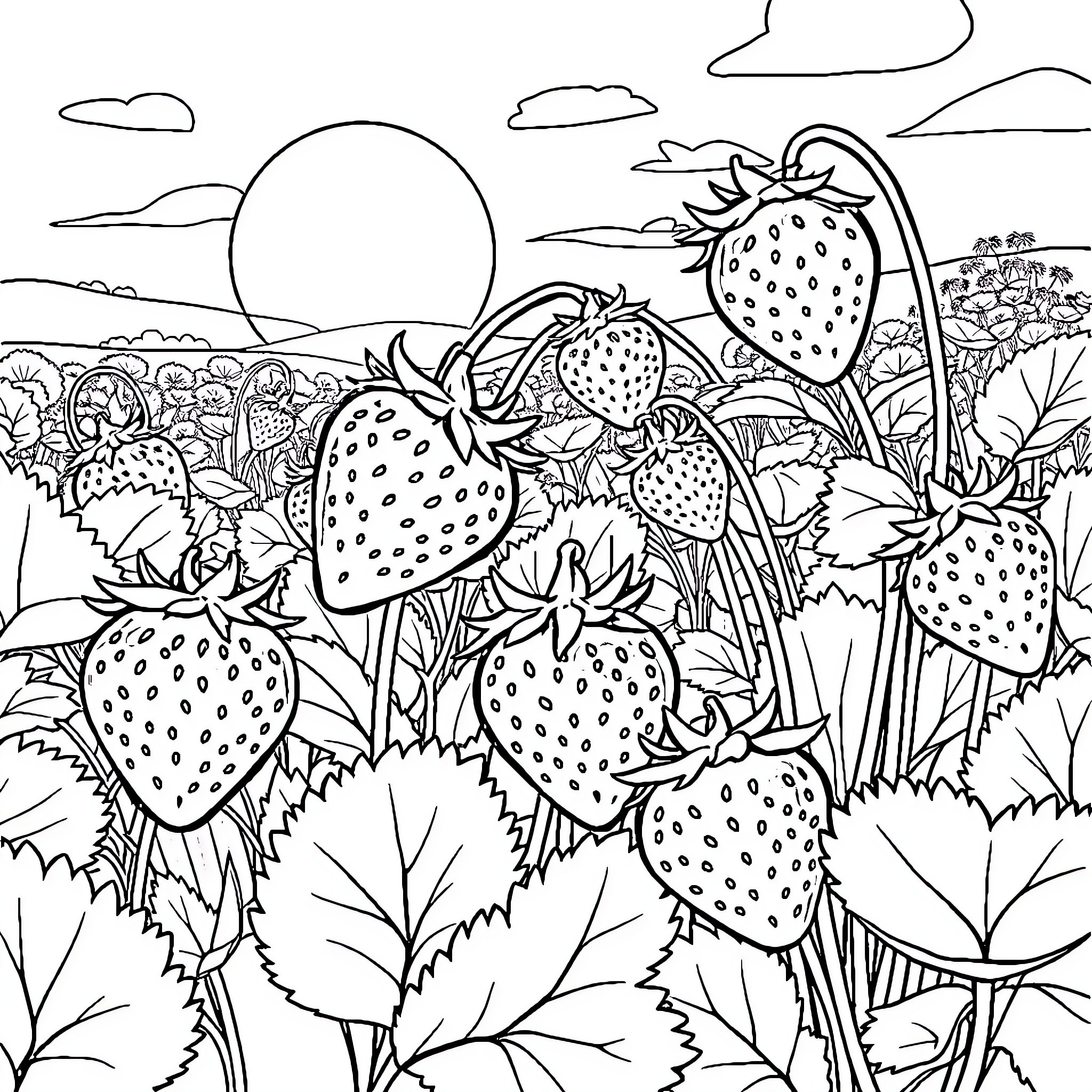 Strawberry patch with lush foliage under the sun Coloring Page (free black-and-white line drawing printable PDF for all, from beginners to advanced learners, including children, teens, adults, and seniors)
