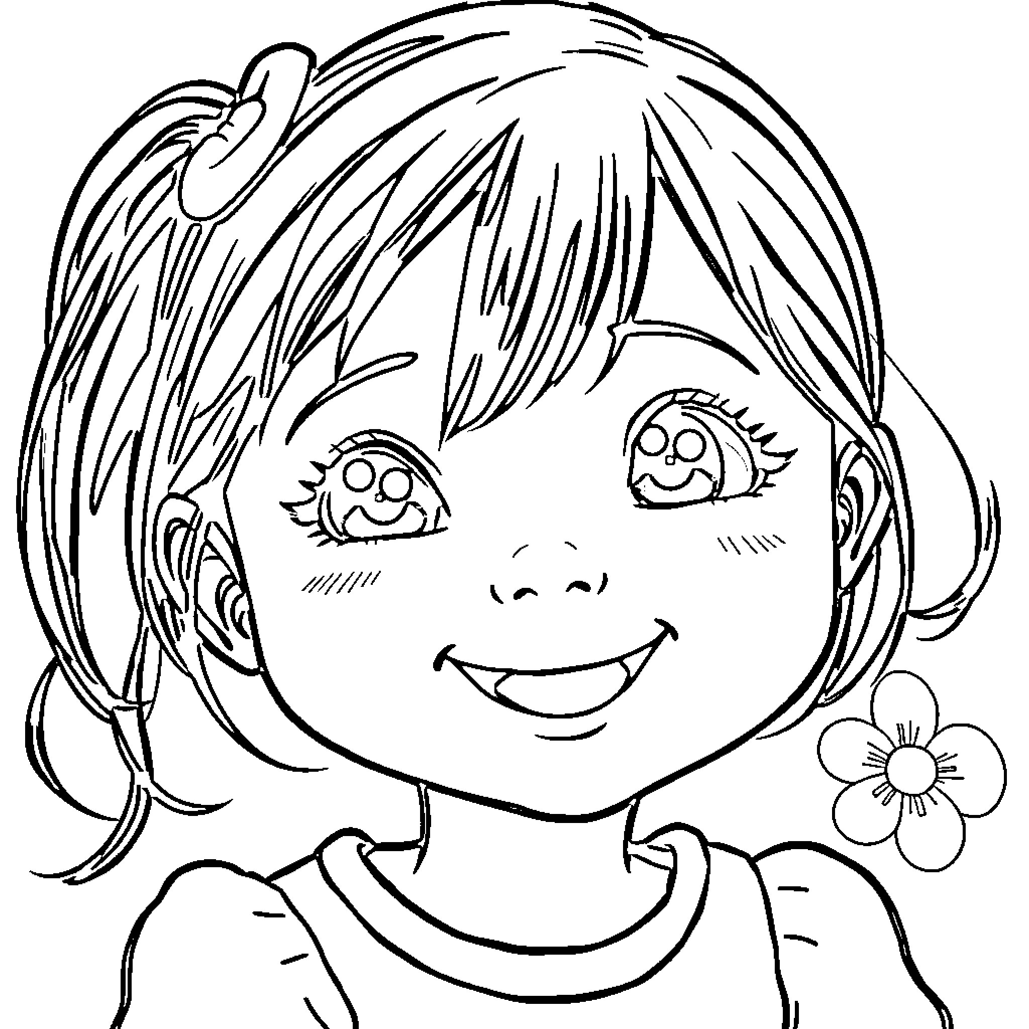 Lively girl's cheerful expression Coloring Page (free black-and-white line drawing printable PDF for all, from beginners to advanced learners, including children, teens, adults, and seniors)