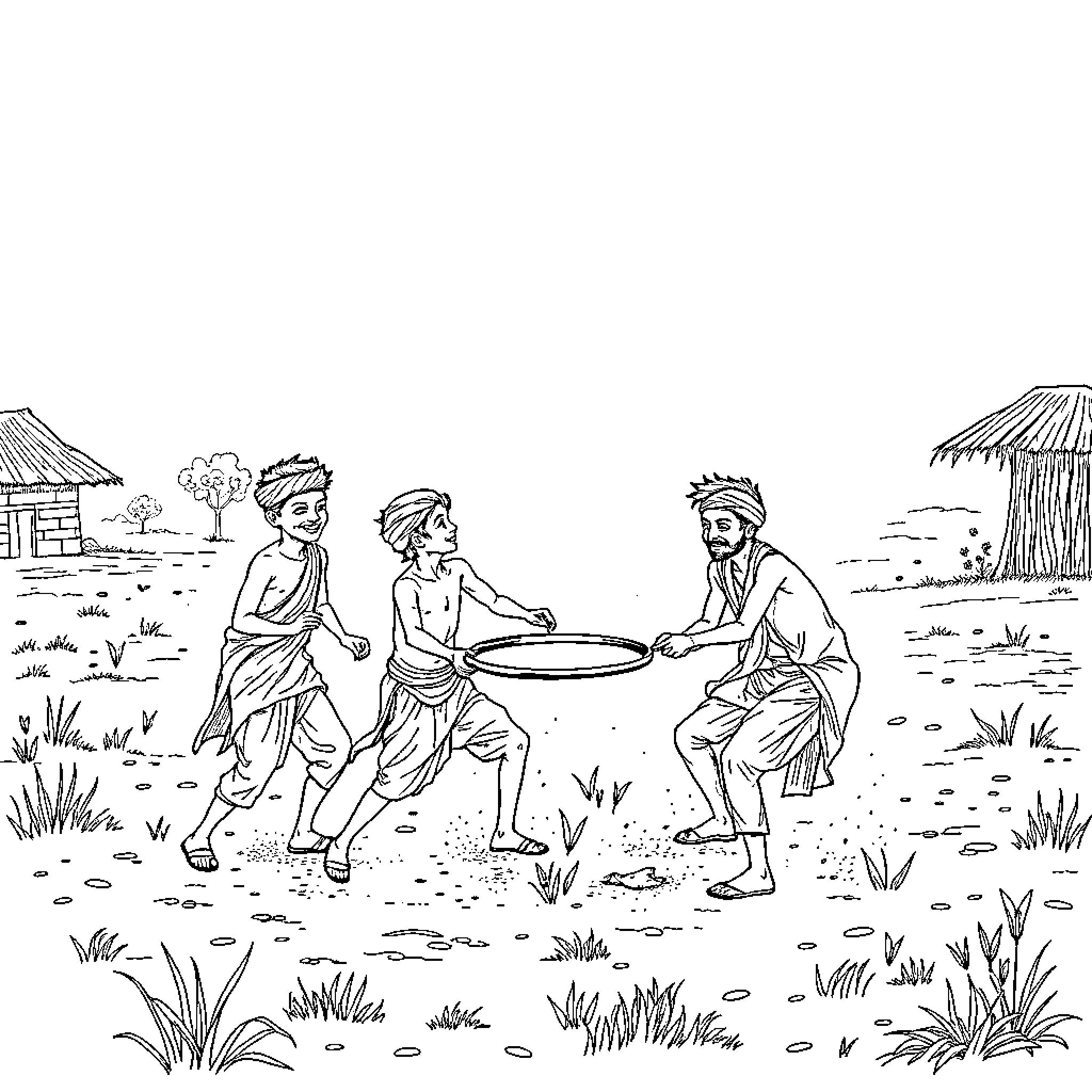 Boys playing in rural village scene Coloring Page (free black-and-white line drawing printable PDF for all, from beginners to advanced learners, including children, teens, adults, and seniors)