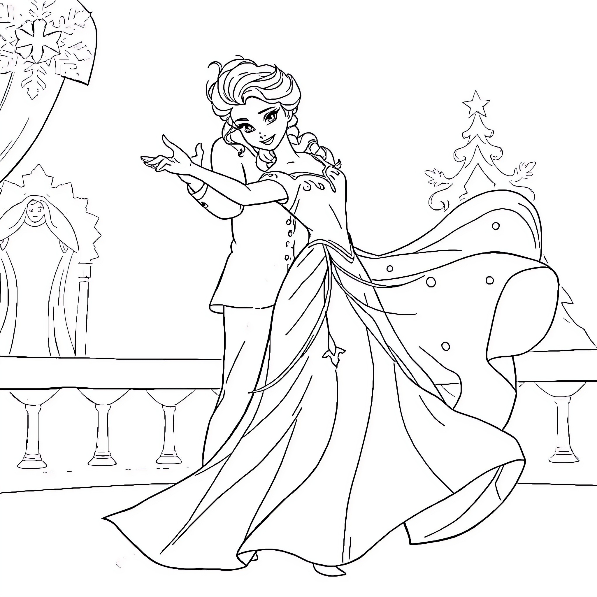Elsa's Enchanting Winter Celebration Coloring Page (free black-and-white line drawing printable PDF for all, from beginners to advanced learners, including children, teens, adults, and seniors)