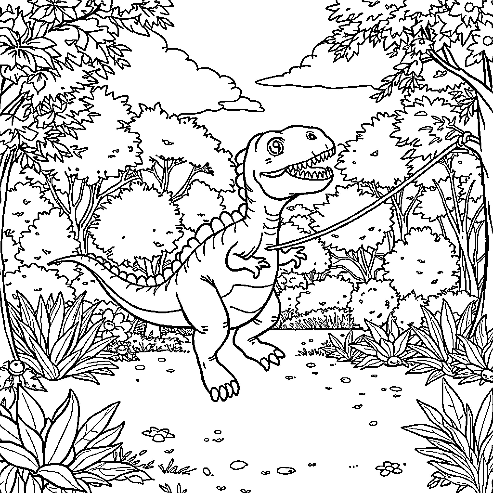 Dinosaur exploring lush forest landscape Coloring Page (free black-and-white line drawing printable PDF for all, from beginners to advanced learners, including children, teens, adults, and seniors)