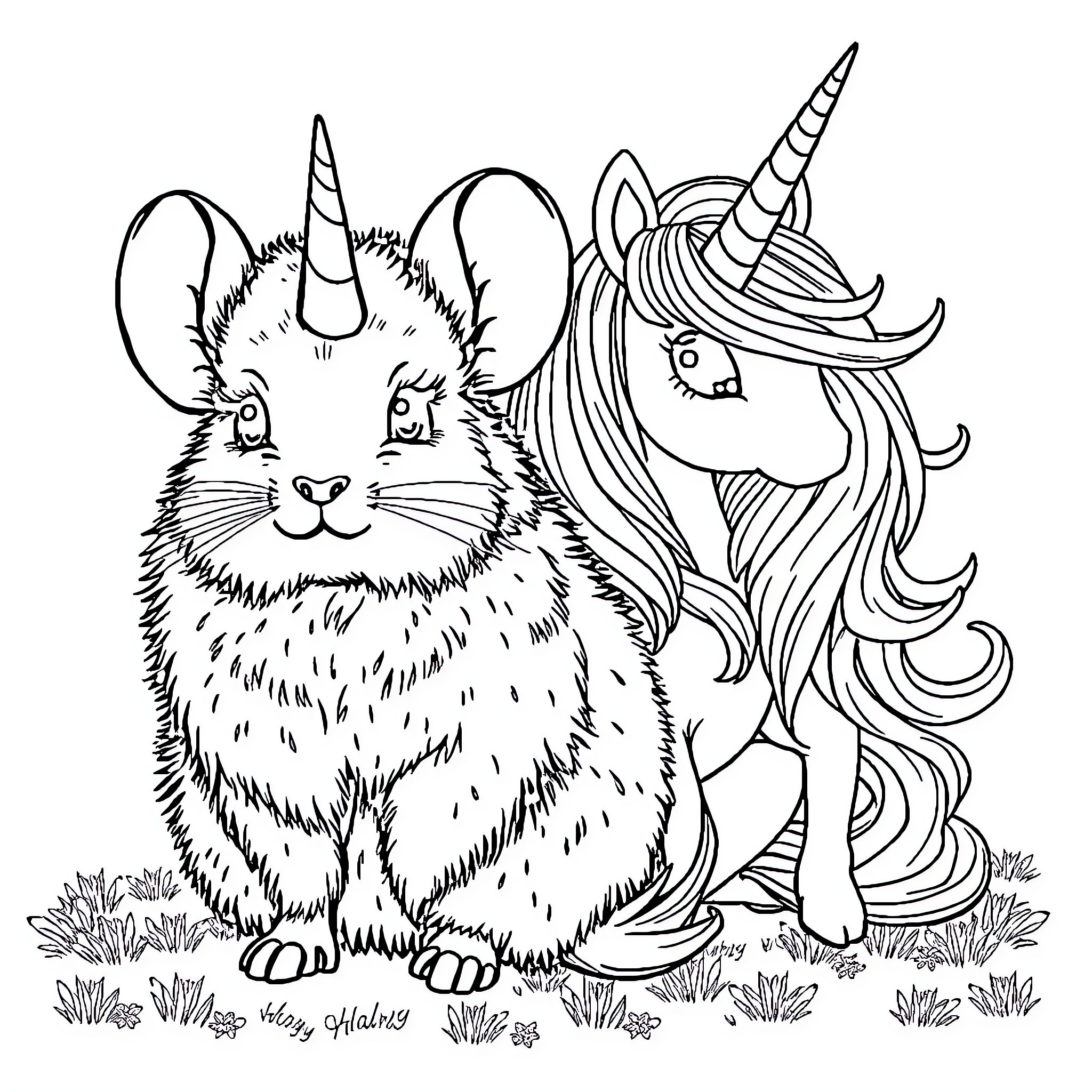 Chinchilla and Unicorn in a Whimsical Scene Coloring Page (free black-and-white line drawing printable PDF for all, from beginners to advanced learners, including children, teens, adults, and seniors)