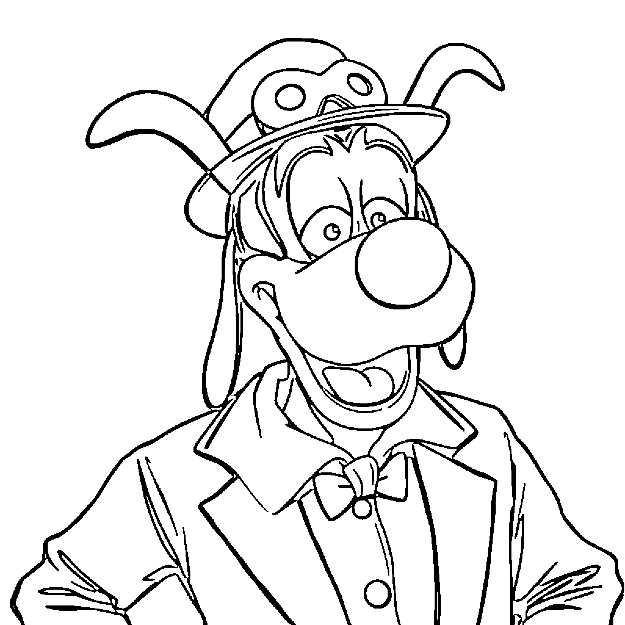 Goofy character in silly outfit and accessories Coloring Page (free black-and-white line drawing printable PDF for all, from beginners to advanced learners, including children, teens, adults, and seniors)