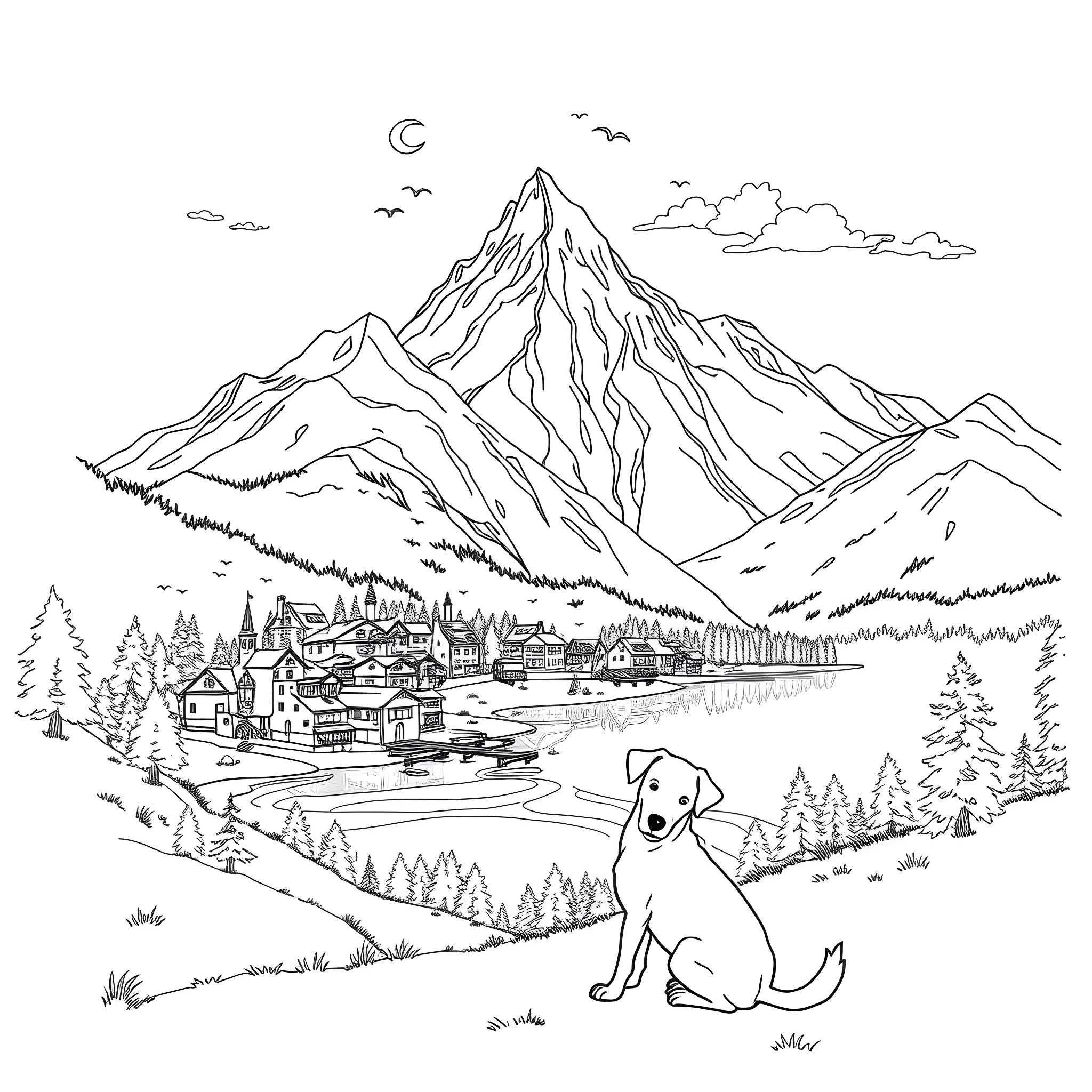 Dog watching mountain landscape with village Coloring Page (free black-and-white line drawing printable PDF for all, from beginners to advanced learners, including children, teens, adults, and seniors)