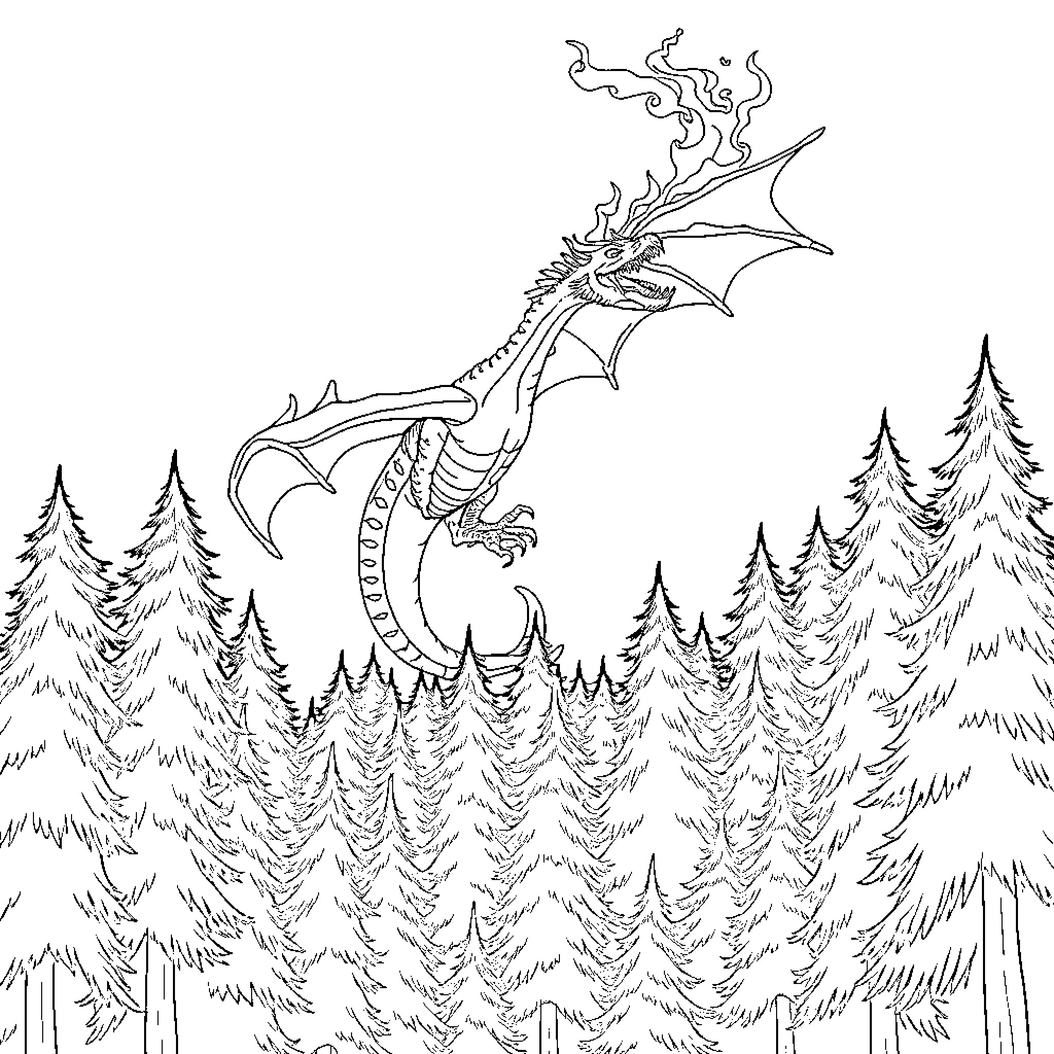 Dragon soaring high above the pine forest Coloring Page (free black-and-white line drawing printable PDF for all, from beginners to advanced learners, including children, teens, adults, and seniors)