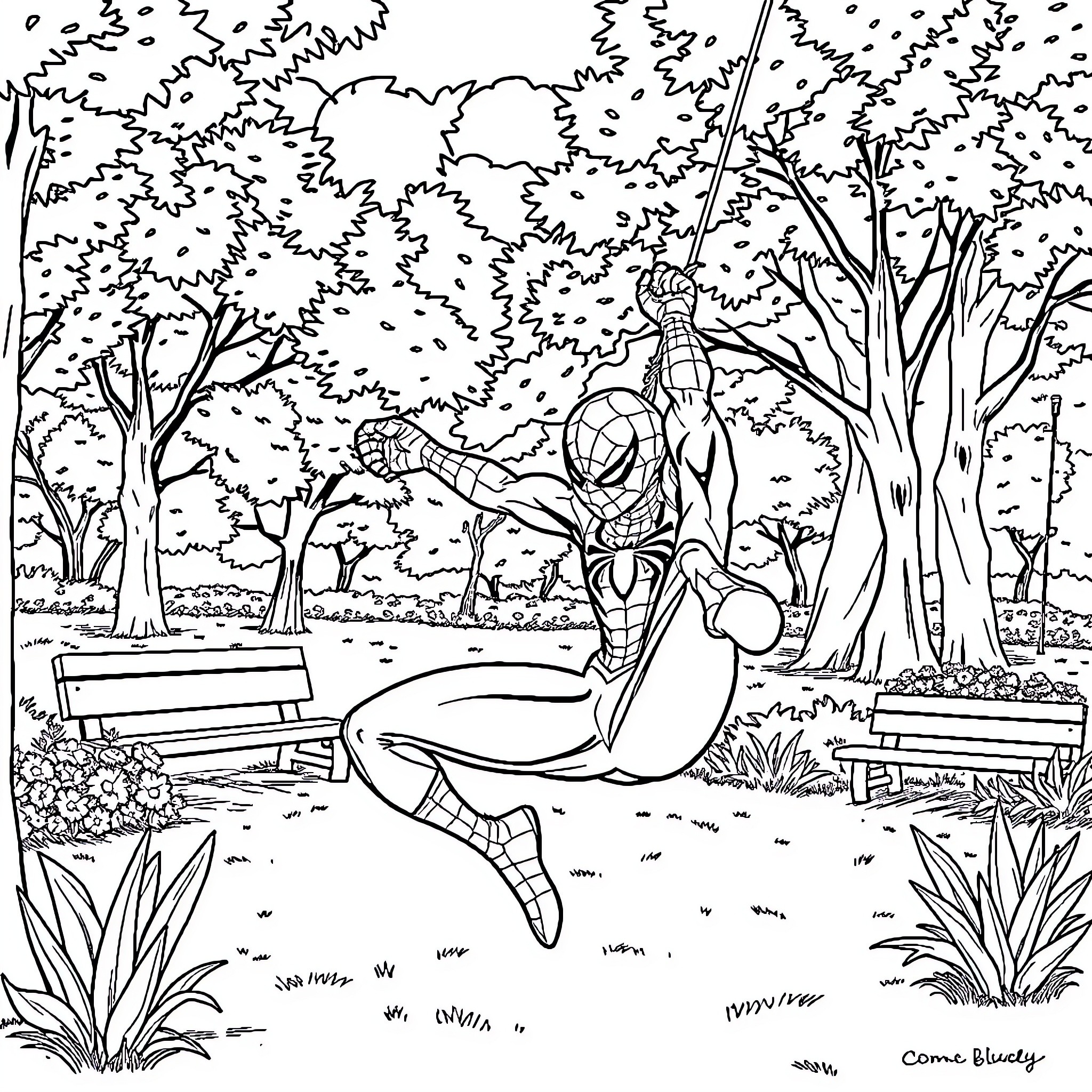 Spidey swinging through a vibrant park landscape Coloring Page (free black-and-white line drawing printable PDF for all, from beginners to advanced learners, including children, teens, adults, and seniors)