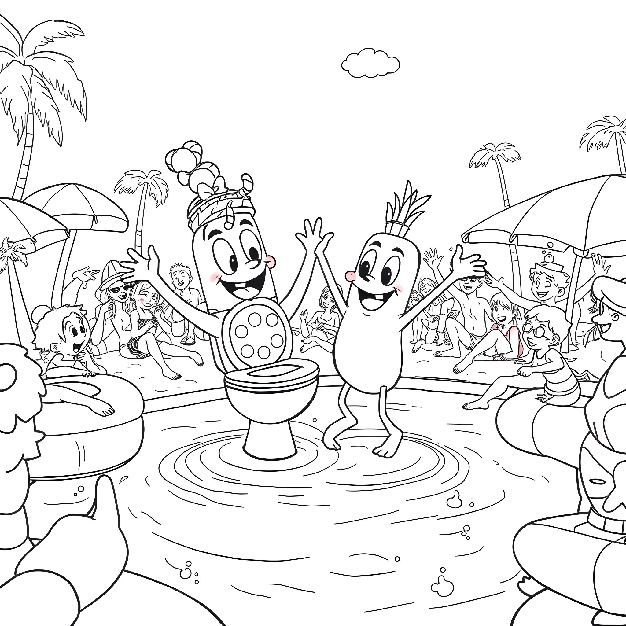 Skibidi Toilet Dance Party at the Beach Coloring Page (free black-and-white line drawing printable PDF for all, from beginners to advanced learners, including children, teens, adults, and seniors)