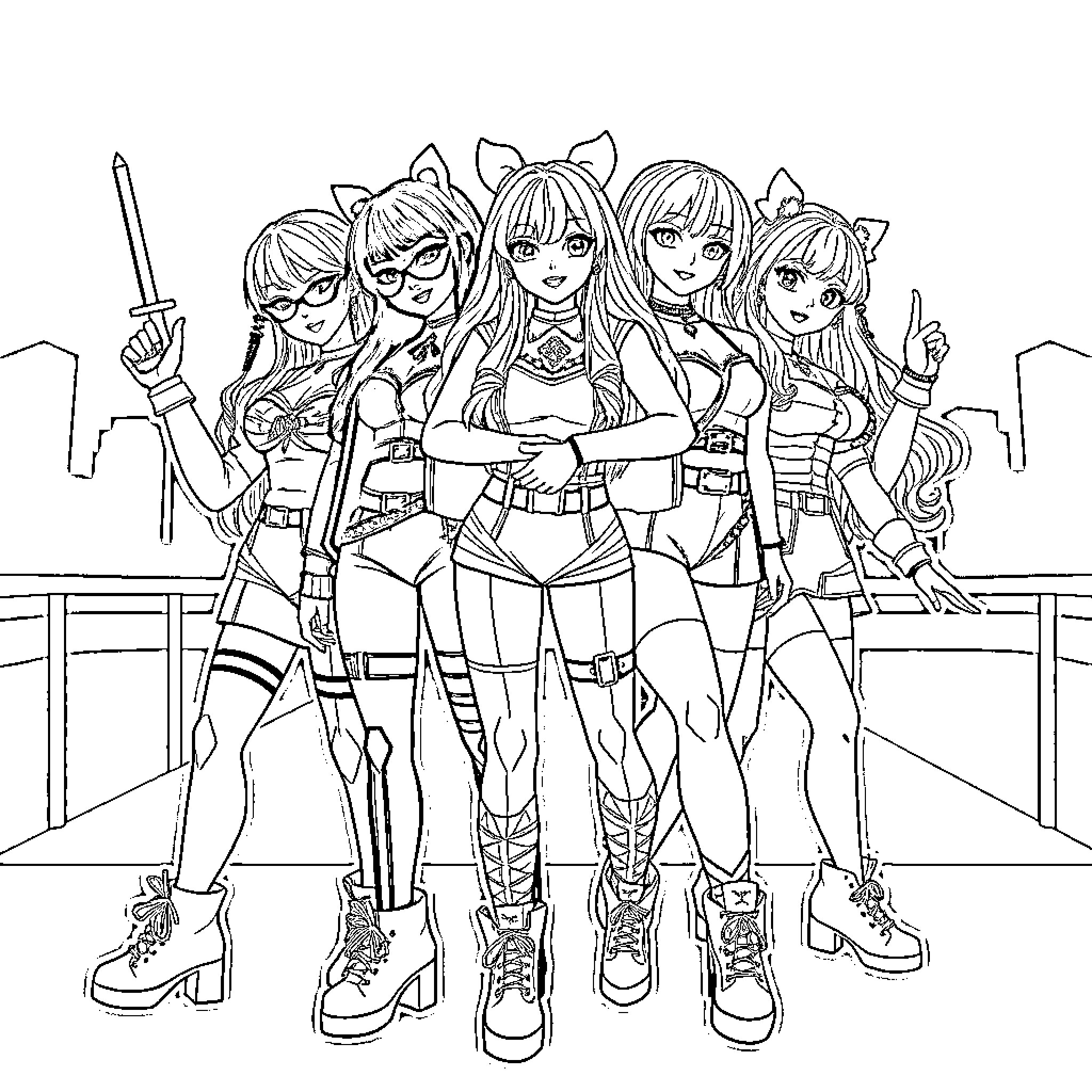 K Pop Warrior Squad in Fierce Poses Coloring Page (free black-and-white line drawing printable PDF for all, from beginners to advanced learners, including children, teens, adults, and seniors)