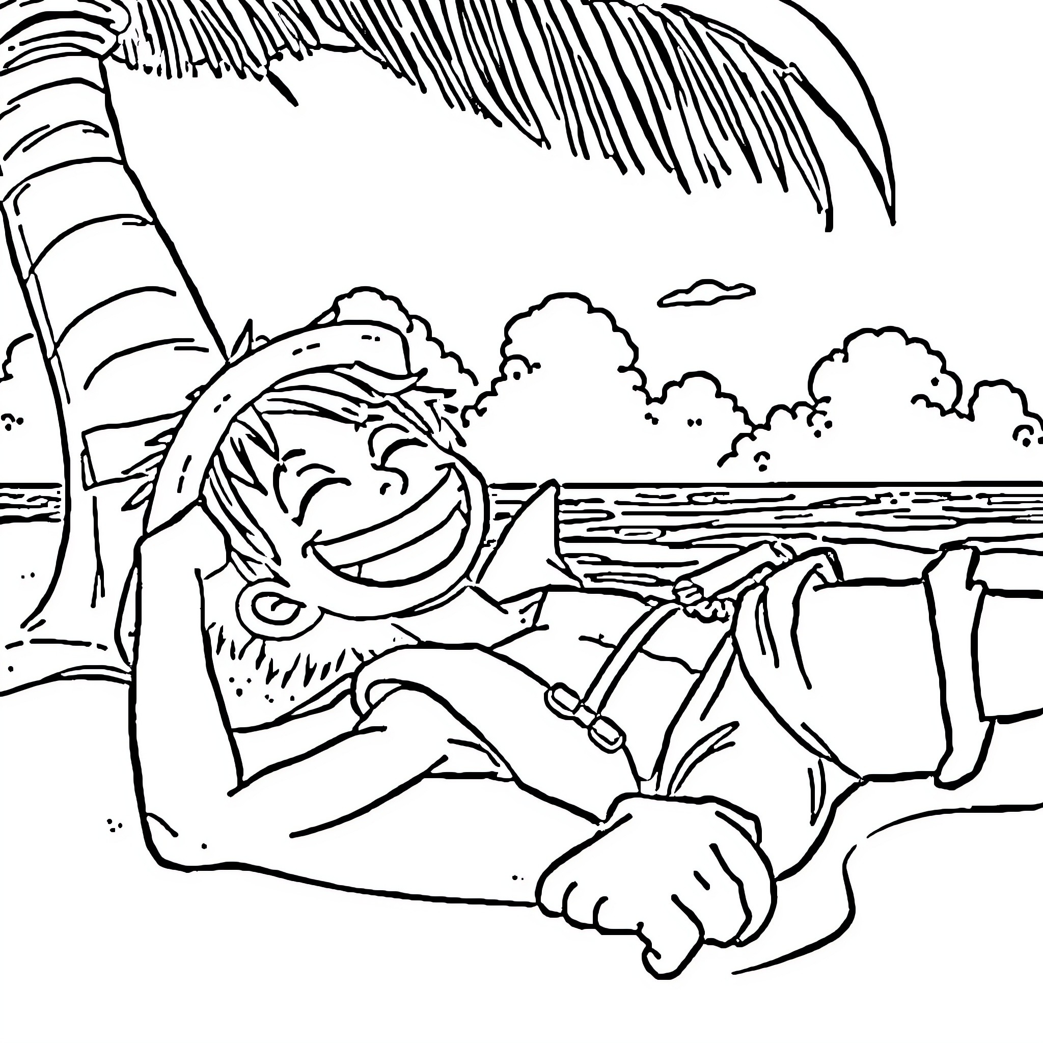 Monkey D Luffy relaxing on the beach Coloring Page (free black-and-white line drawing printable PDF for all, from beginners to advanced learners, including children, teens, adults, and seniors)