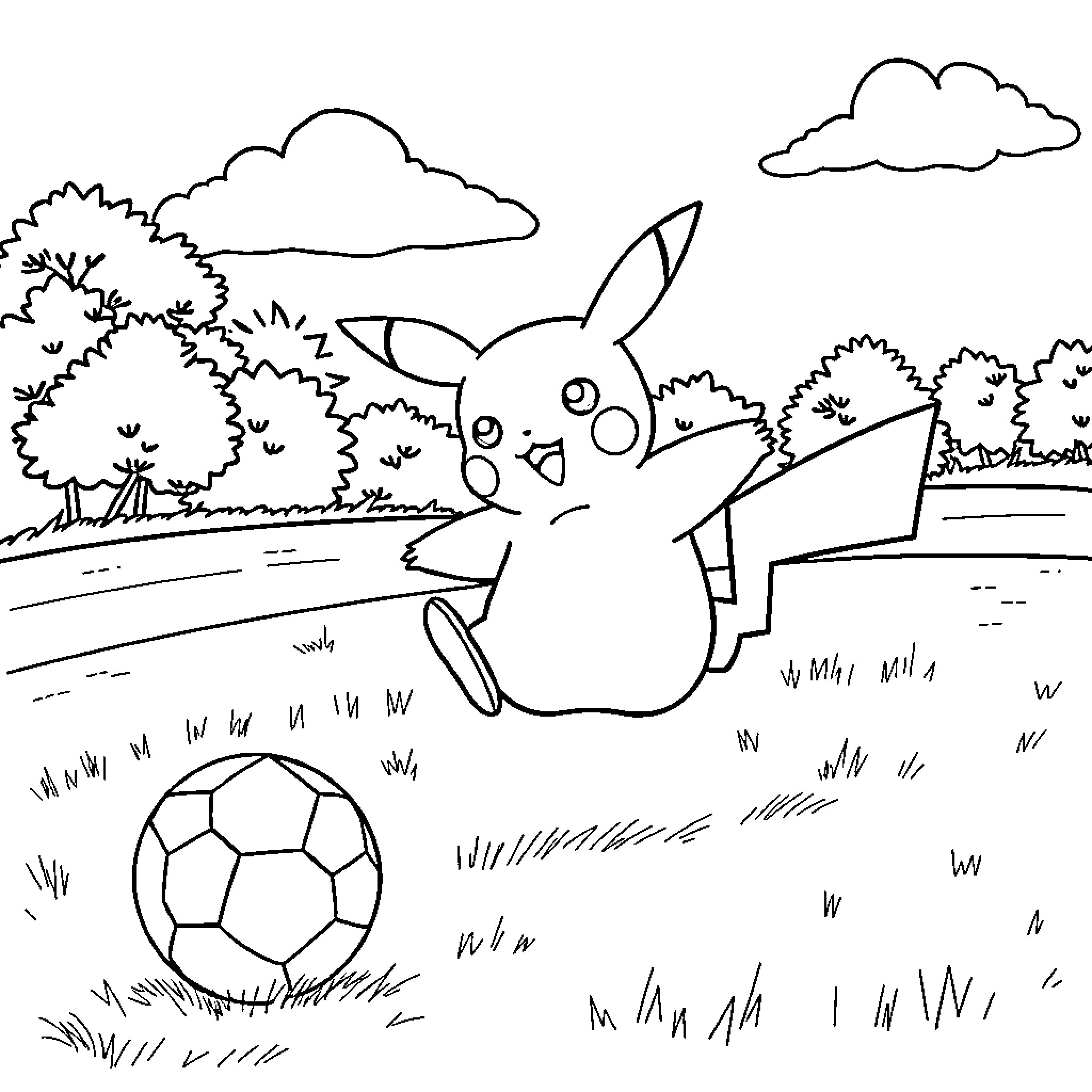 Pikachu playing with soccer ball in nature Coloring Page (free black-and-white line drawing printable PDF for all, from beginners to advanced learners, including children, teens, adults, and seniors)