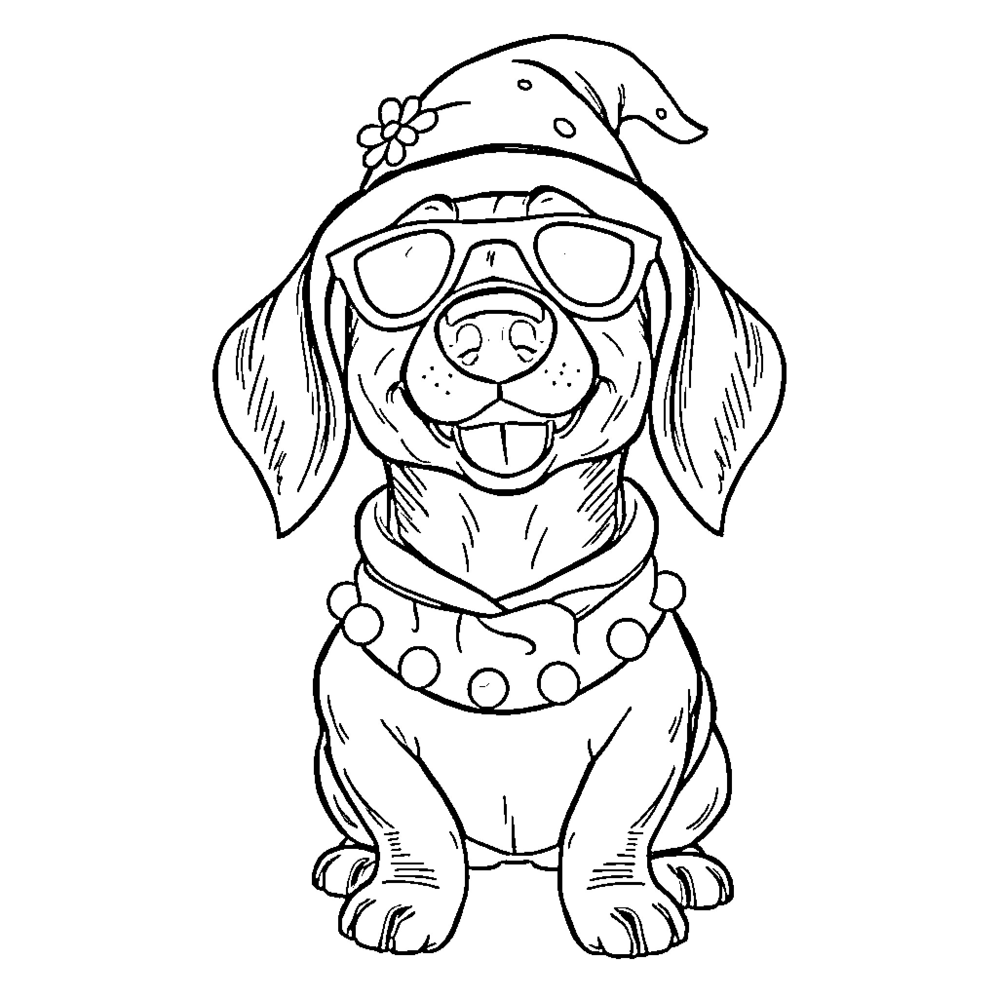 Wiener Dog dressed up and smiling happily Coloring Page (free black-and-white line drawing printable PDF for all, from beginners to advanced learners, including children, teens, adults, and seniors)