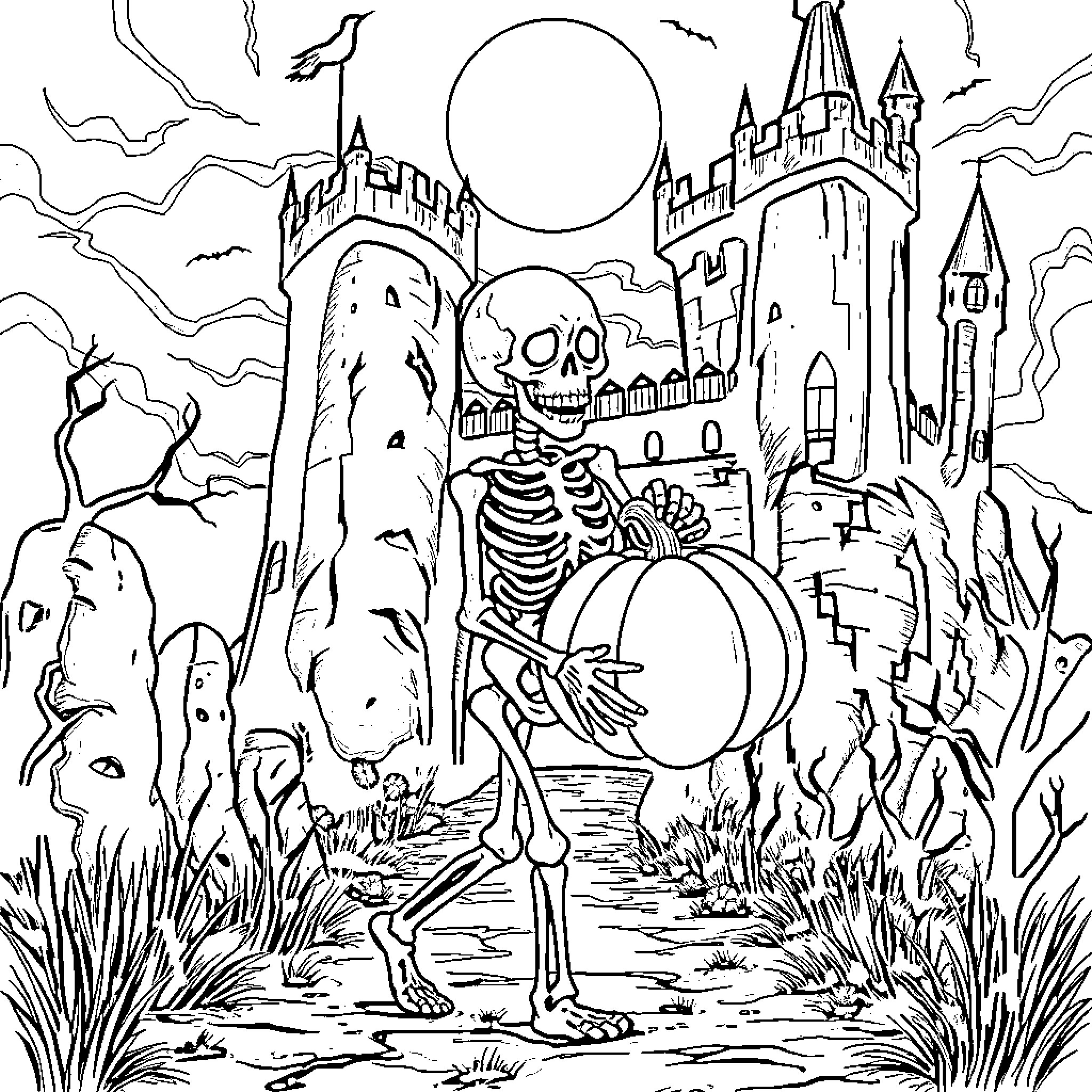 Skeleton dancing with spooky castle in the background Coloring Page (free black-and-white line drawing printable PDF for all, from beginners to advanced learners, including children, teens, adults, and seniors)