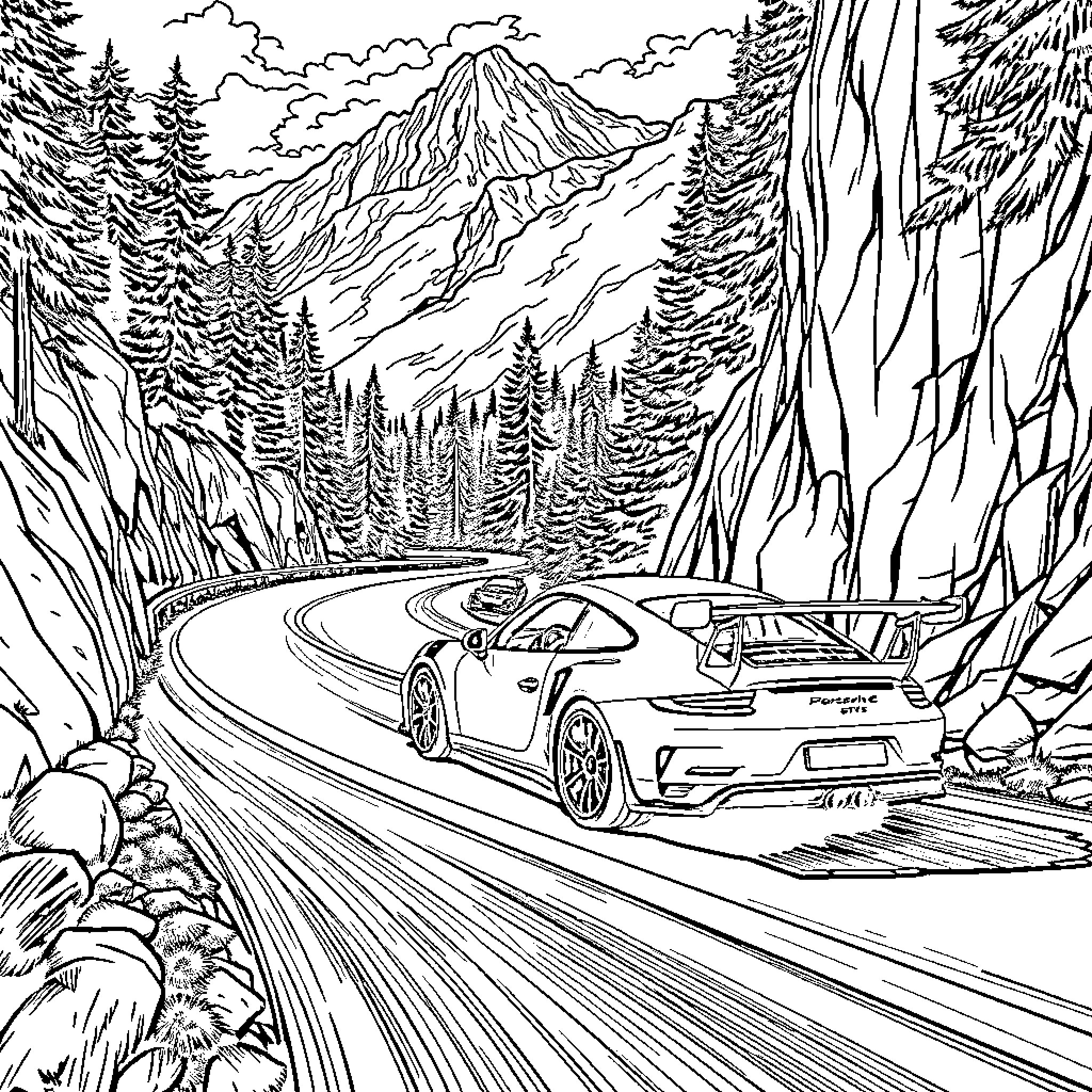 Porsche sports car driving through scenic mountain landscape Coloring Page (free black-and-white line drawing printable PDF for all, from beginners to advanced learners, including children, teens, adults, and seniors)