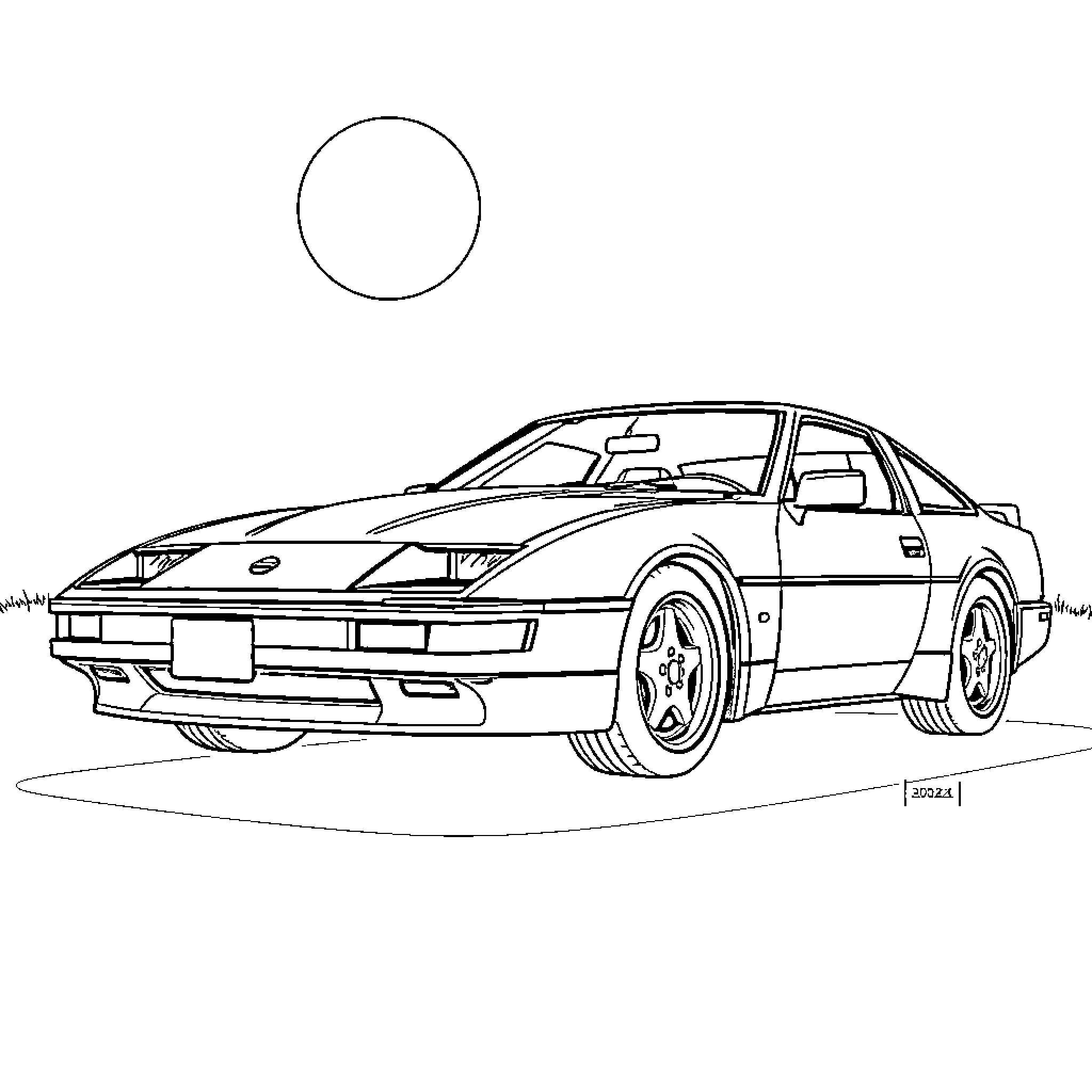 Nissan 300ZX parked in the driveway Coloring Page (free black-and-white line drawing printable PDF for all, from beginners to advanced learners, including children, teens, adults, and seniors)