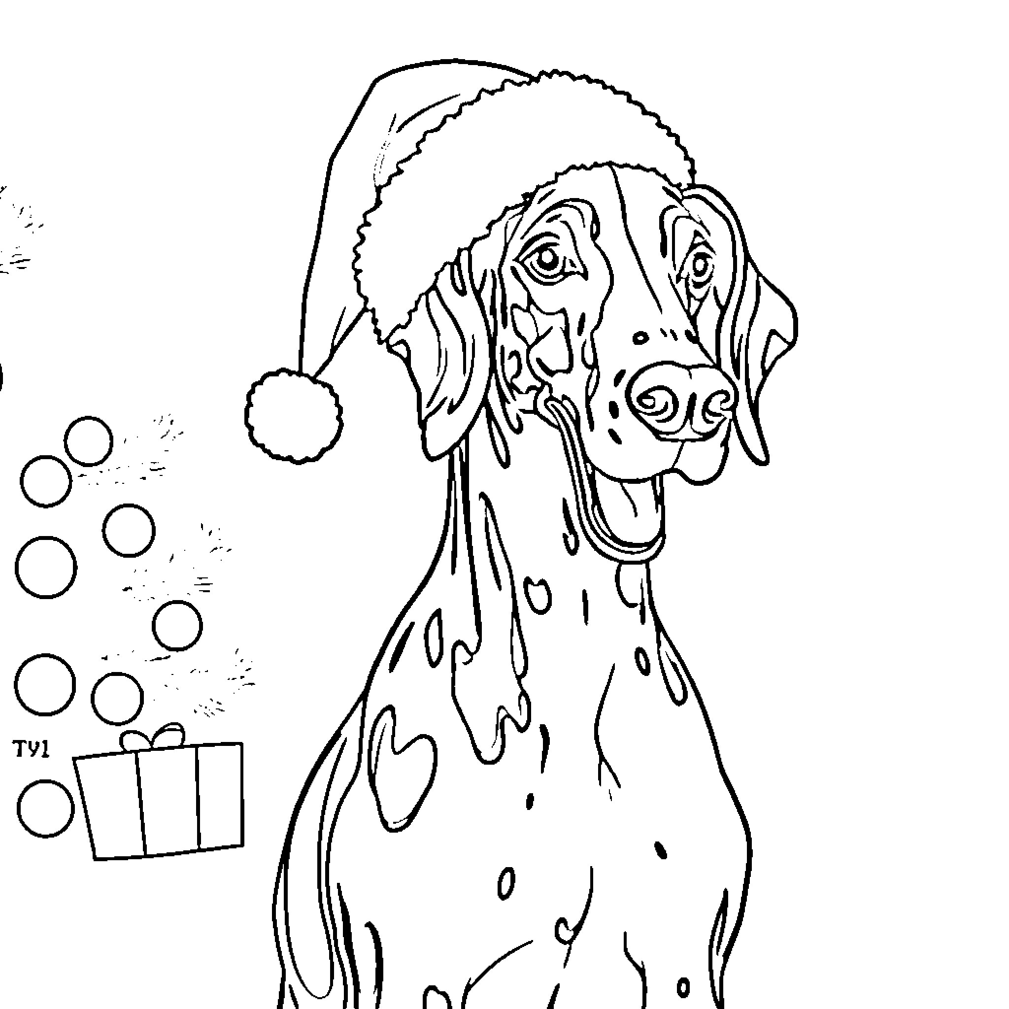 Great Dane wearing a Santa hat with gifts Coloring Page (free black-and-white line drawing printable PDF for all, from beginners to advanced learners, including children, teens, adults, and seniors)