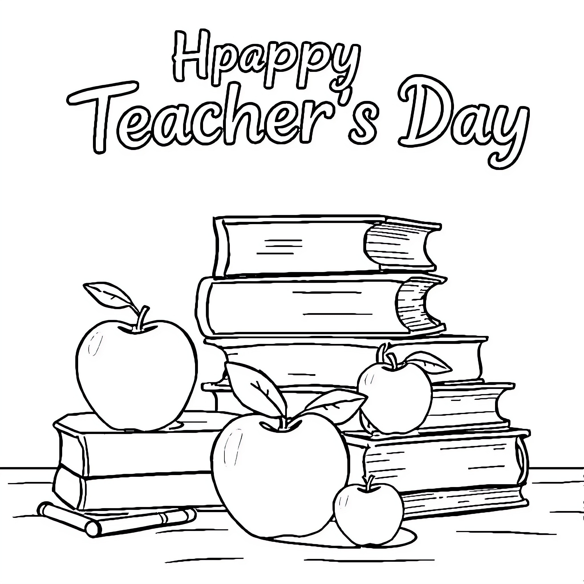 Teacher celebrating with books and apples Coloring Page (free black-and-white line drawing printable PDF for all, from beginners to advanced learners, including children, teens, adults, and seniors)