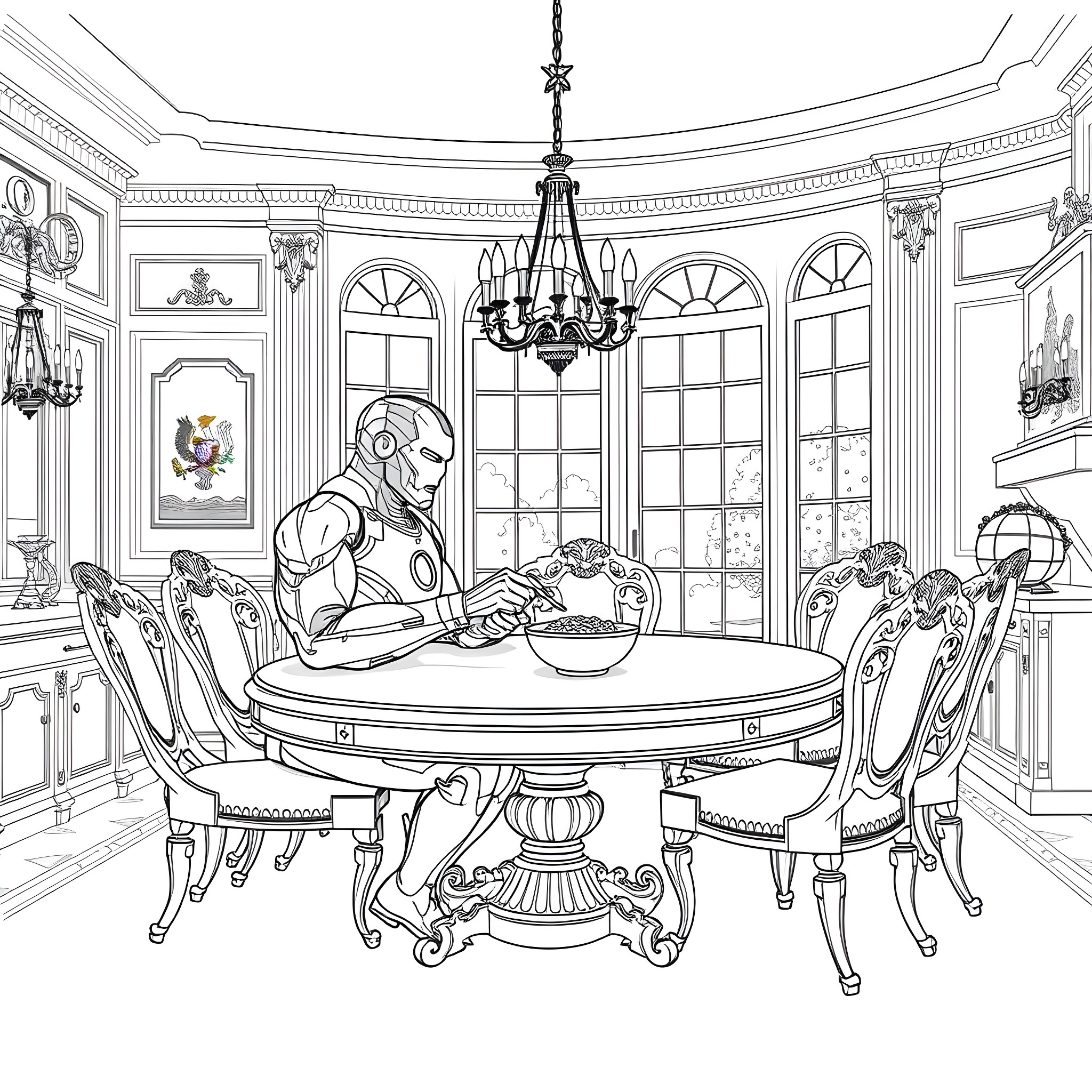 Ironman enjoying a lavish meal in an elegant dining room Coloring Page (free black-and-white line drawing printable PDF for all, from beginners to advanced learners, including children, teens, adults, and seniors)